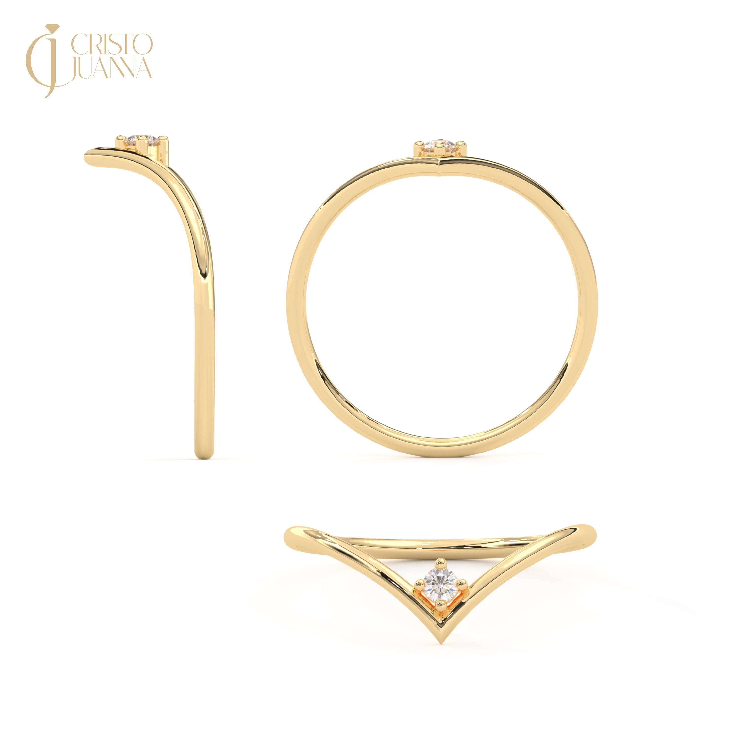 Wishbone Chevron V Ring – Solid Gold Round Solitaire, Stacking Guard Band, Engagement/Wedding Enhancer, Dainty Stackable Jewelry
