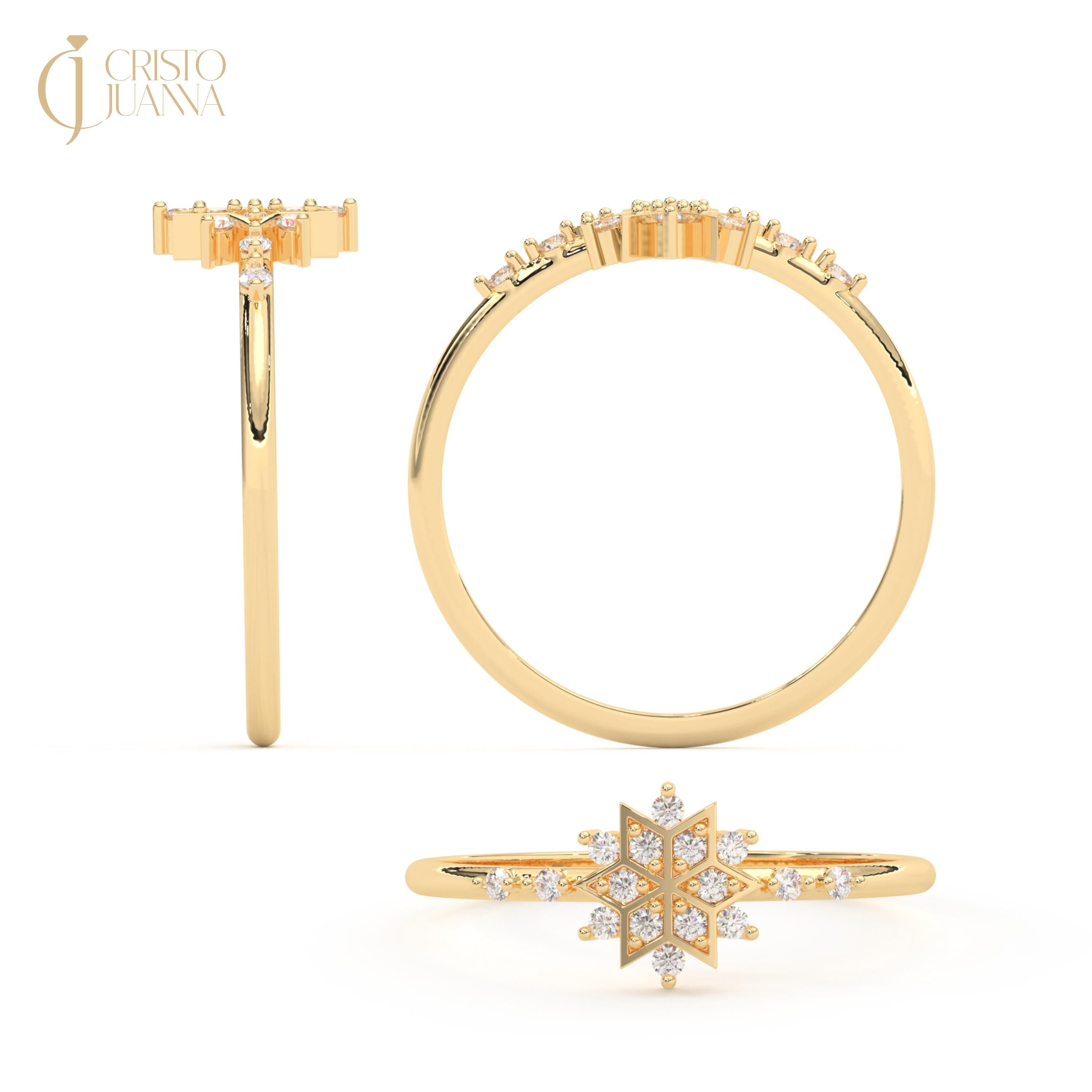 Snowflake Moissanite Wedding Ring: 14K Solid Gold Vintage Style Floral Diamond Winter Ring Gift