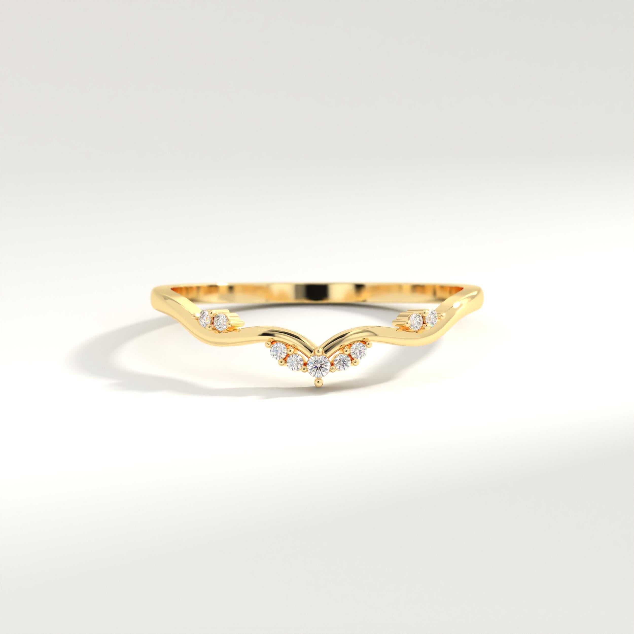 V Shape Scatter Diamond Ring Chevron Wedding Band 14K Solid Gold, Tiny Diamond Curved Engagement Ring, Wishbone Nesting Promise Ring Women