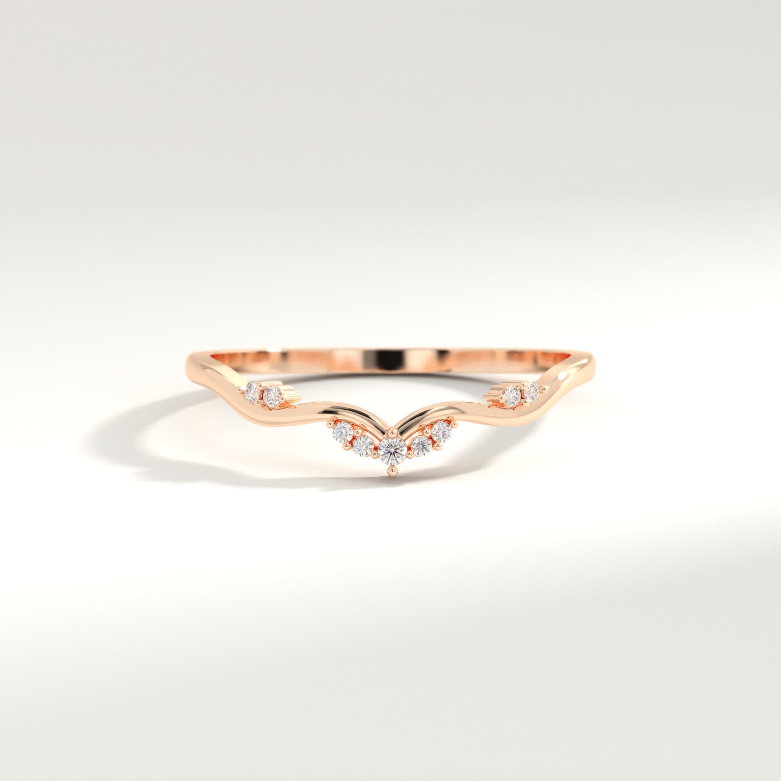 V Shape Scatter Diamond Ring Chevron Wedding Band 14K Solid Gold, Tiny Diamond Curved Engagement Ring, Wishbone Nesting Promise Ring Women