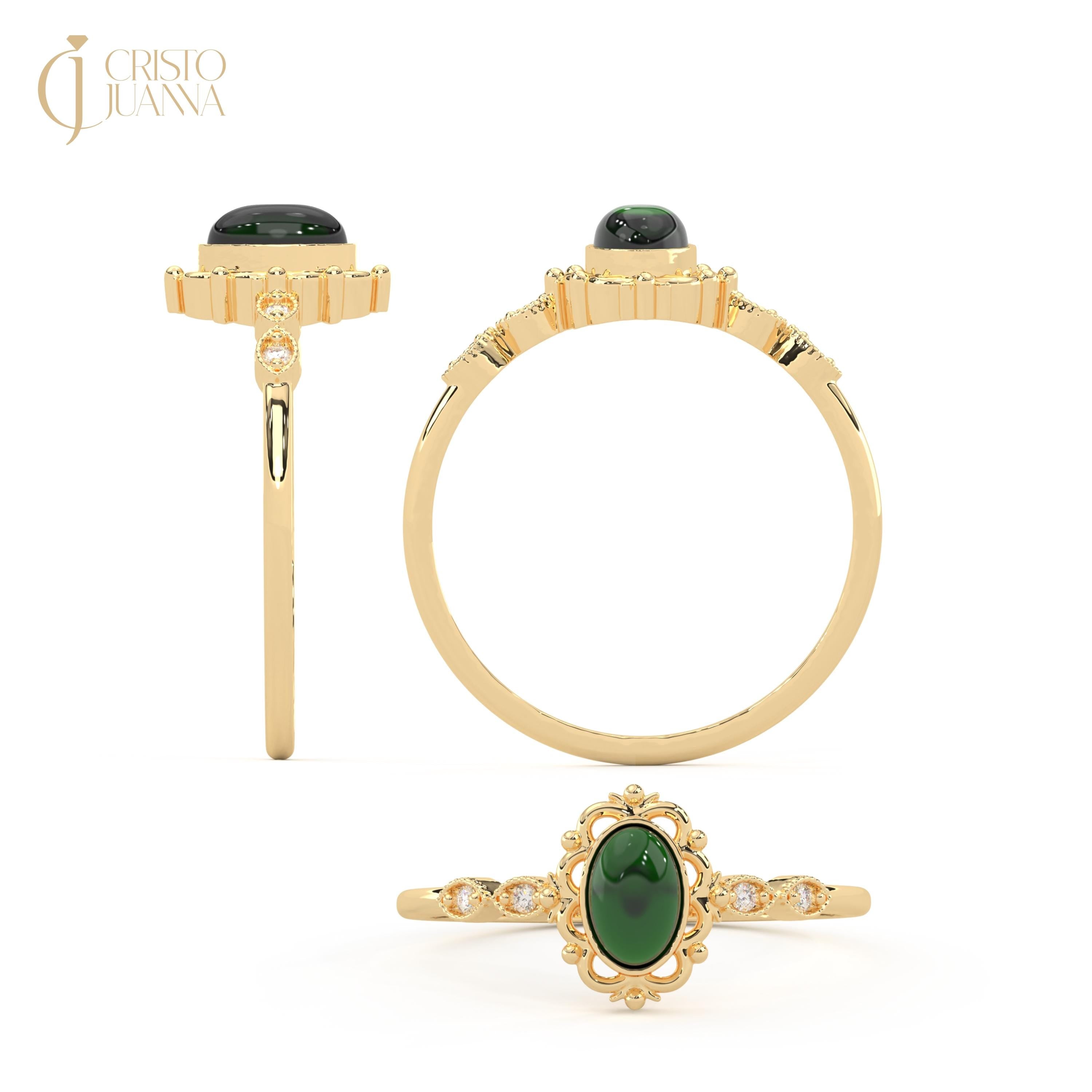 Art Deco Emerald Ring Side Diamond Wedding Ring 14K Yellow Gold Filigree Set Band Oval Emerald Green Birthstone Engagement Ring