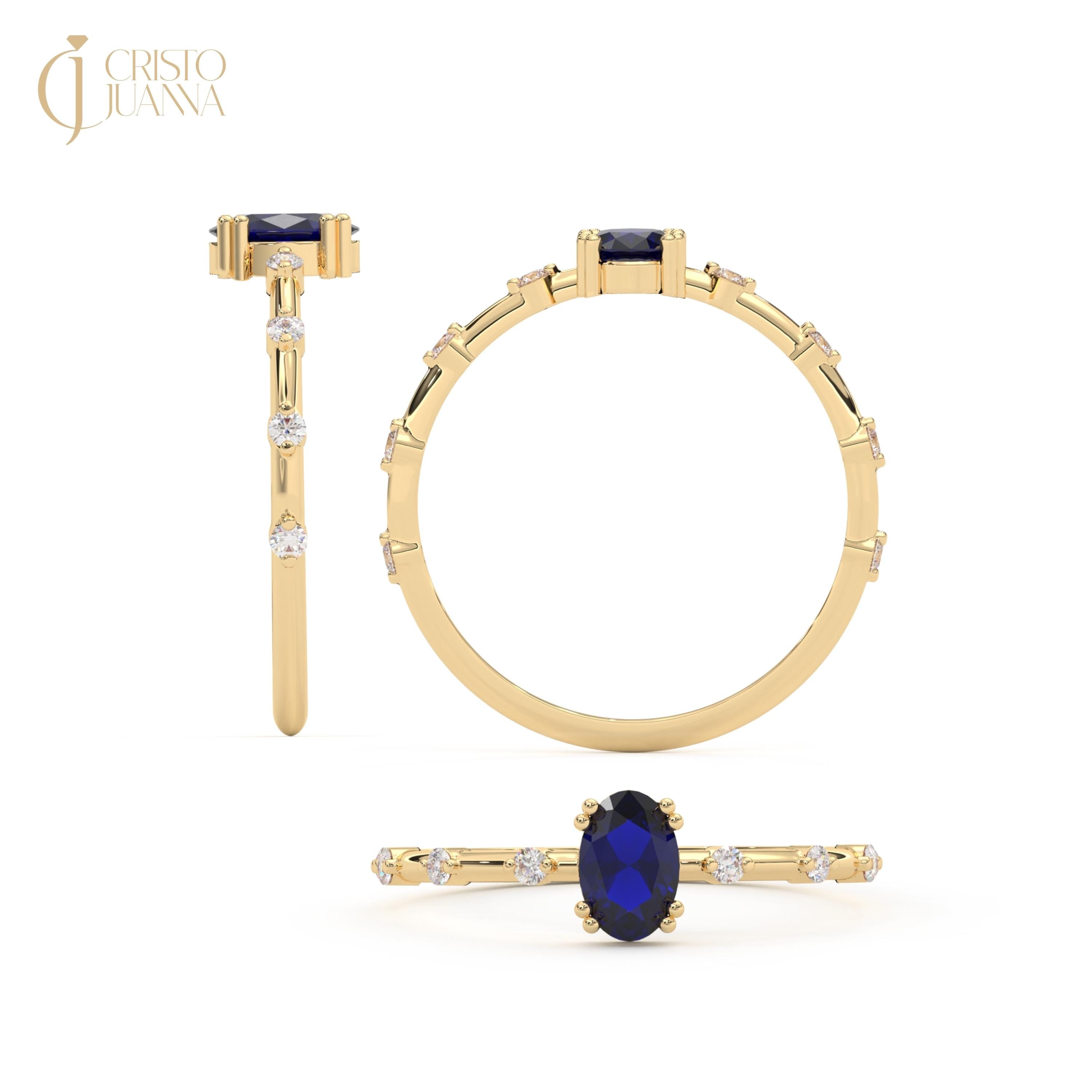 Oval Sapphire Engagement Ring Side Diamond 14K Solid Gold, Blue Gemstone Birthstone Wedding Ring with Moissanite Band