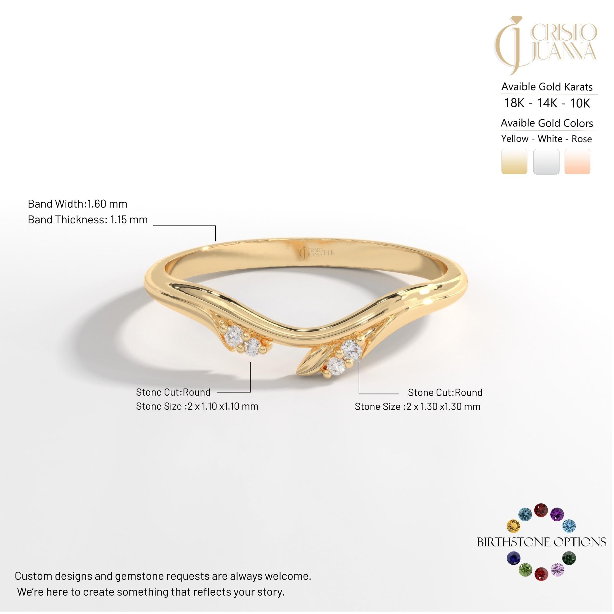 🌿 Floral Diamond Ring | 14K Solid Gold Chevron Wedding Band

Inspired by delicate ivy leaves and blooming florals, this floral diamond band is handcrafted in solid gold and features a graceful chevron silhouette. Tiny pavé-set stones create a refined sparkle, making this ring perfect as a flower wedding band, stacking ring, or elegant standalone piece.

Its curved profile allows it to pair beautifully with engagement rings, especially vintage and nature-inspired designs.