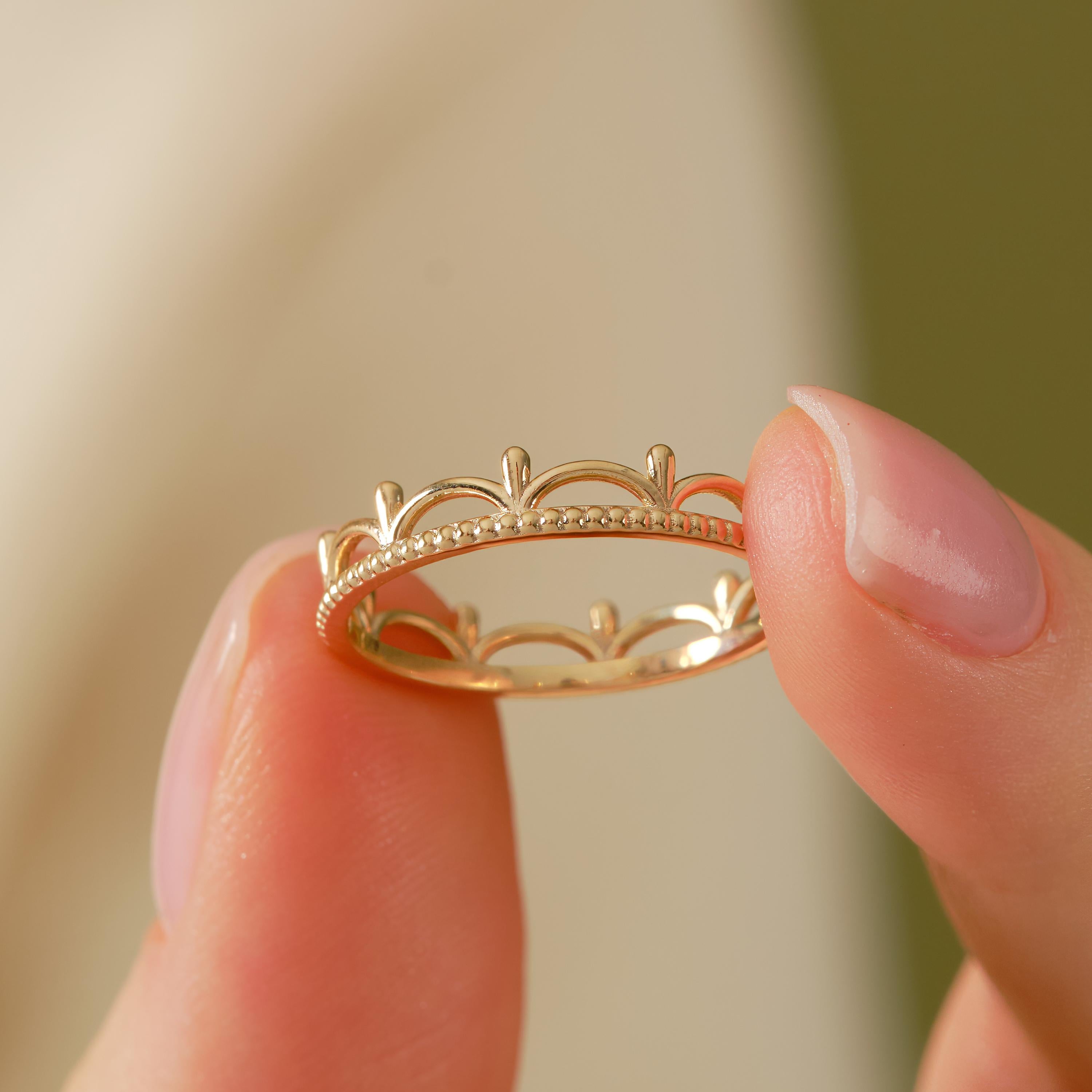 👑 Princess Crown Ring | Dainty 14K Solid Gold Full Eternity Band

Step into a fairytale with this Princess Crown Ring, inspired by royal elegance and timeless symbolism. Designed with a graceful royal curve crown silhouette, this ring represents love, strength, and commitment—perfect for those who want to feel like a queen every day. Handcrafted in solid gold, it blends delicate beauty with a bold crown-inspired design, making it ideal for both daily wear and meaningful occasions.
