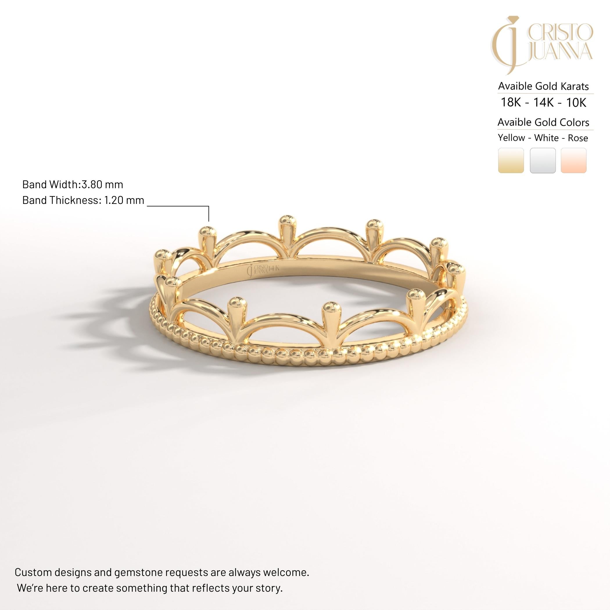 👑 Princess Crown Ring | Dainty 14K Solid Gold Full Eternity Band

Step into a fairytale with this Princess Crown Ring, inspired by royal elegance and timeless symbolism. Designed with a graceful royal curve crown silhouette, this ring represents love, strength, and commitment—perfect for those who want to feel like a queen every day. Handcrafted in solid gold, it blends delicate beauty with a bold crown-inspired design, making it ideal for both daily wear and meaningful occasions.