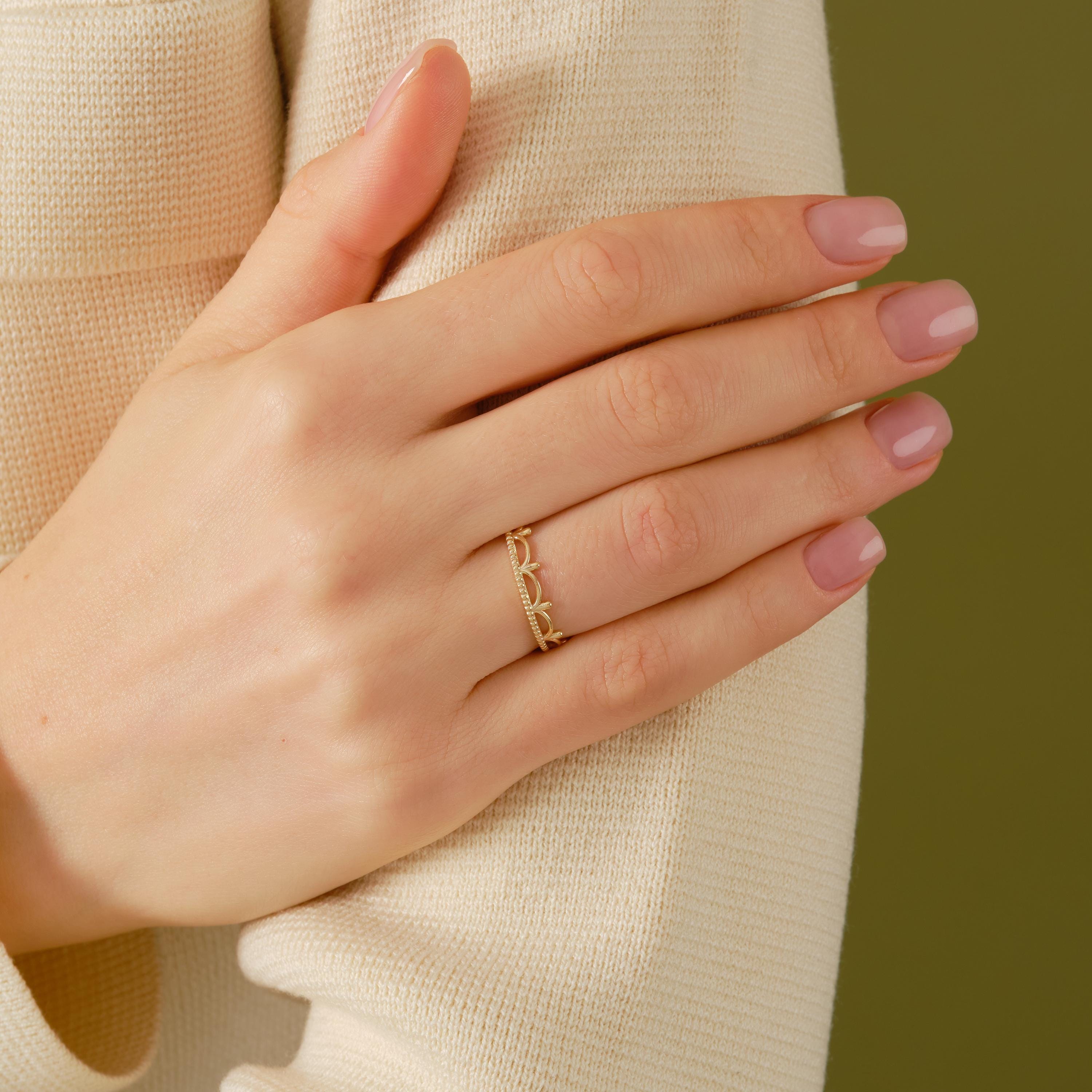 👑 Princess Crown Ring | Dainty 14K Solid Gold Full Eternity Band

Step into a fairytale with this Princess Crown Ring, inspired by royal elegance and timeless symbolism. Designed with a graceful royal curve crown silhouette, this ring represents love, strength, and commitment—perfect for those who want to feel like a queen every day. Handcrafted in solid gold, it blends delicate beauty with a bold crown-inspired design, making it ideal for both daily wear and meaningful occasions.