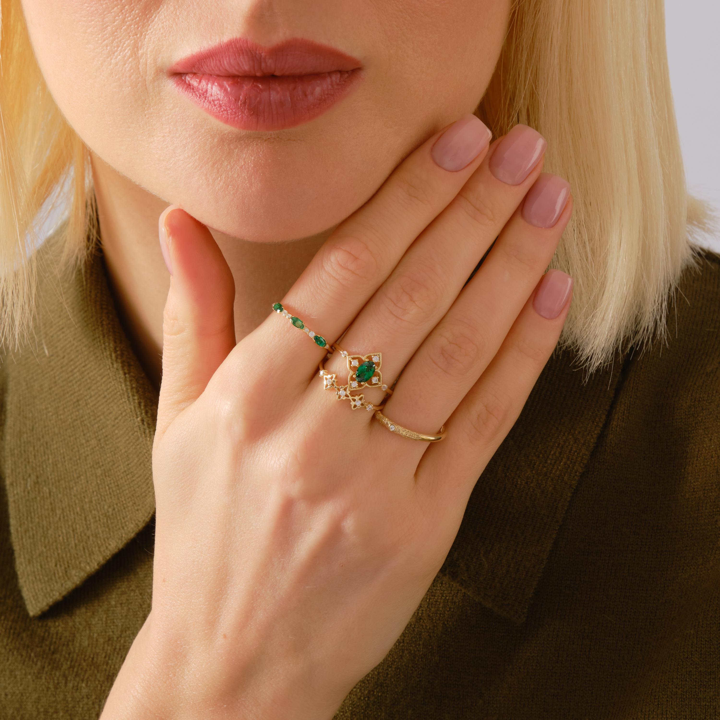 Dainty Diamond Ring 14K Solid Gold Floral Texture Band: Tiny Moissanite Flower Engrave Band