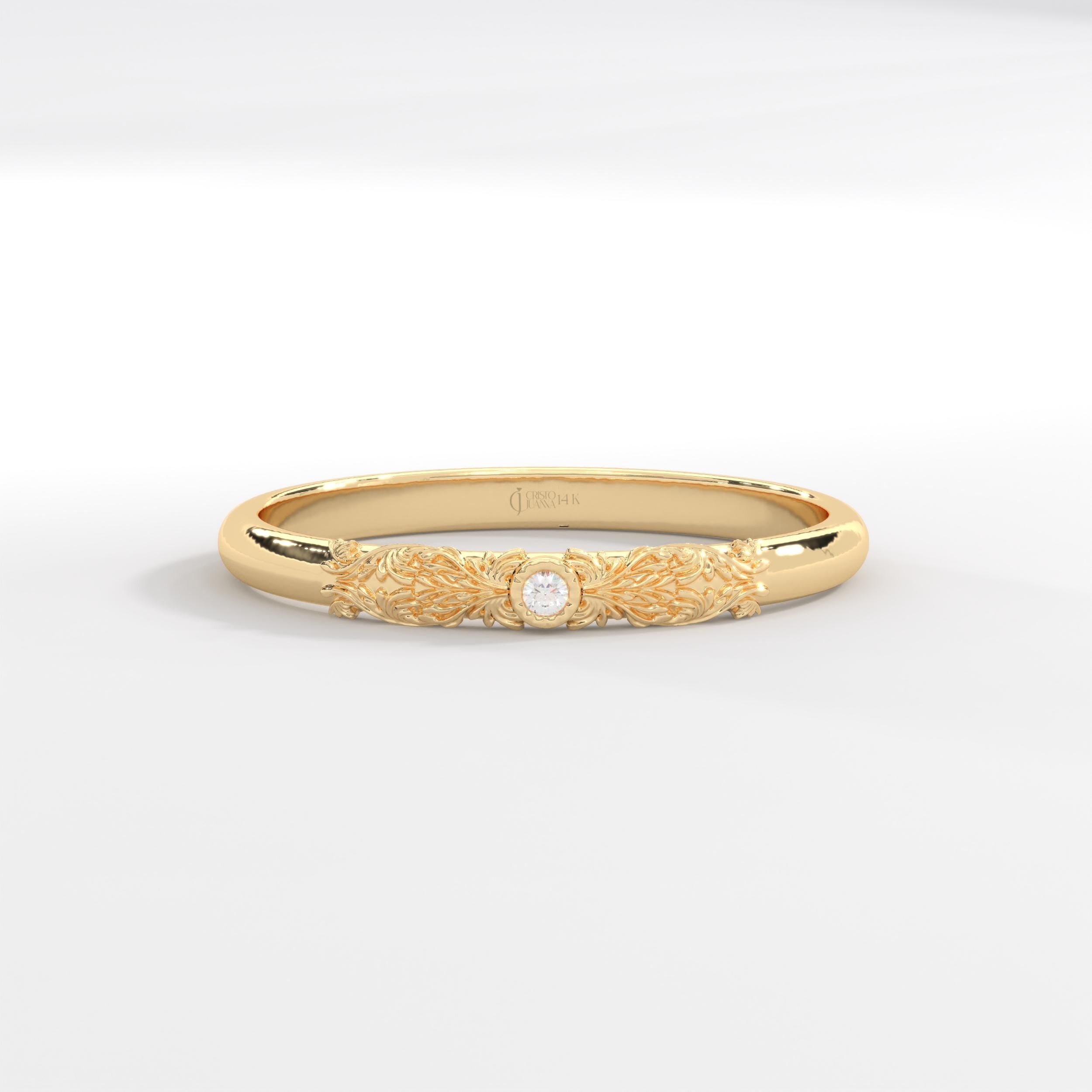 Dainty Diamond Ring 14K Solid Gold Floral Texture Band: Tiny Moissanite Flower Engrave Band