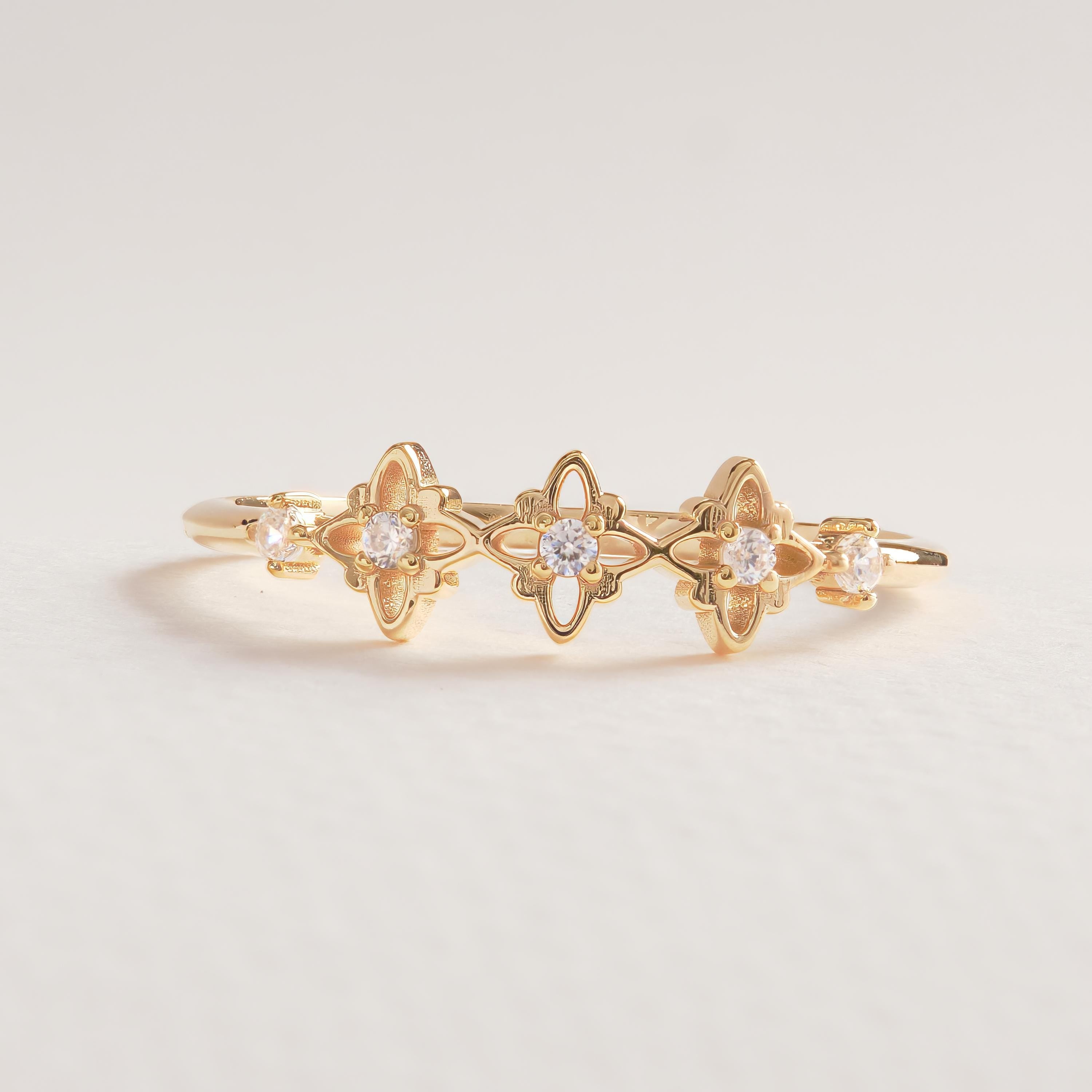 Rosary Cross Diamond Ring 14K Solid Gold: Scatter Tiny Moissanite Ring with Clover Bands for Women