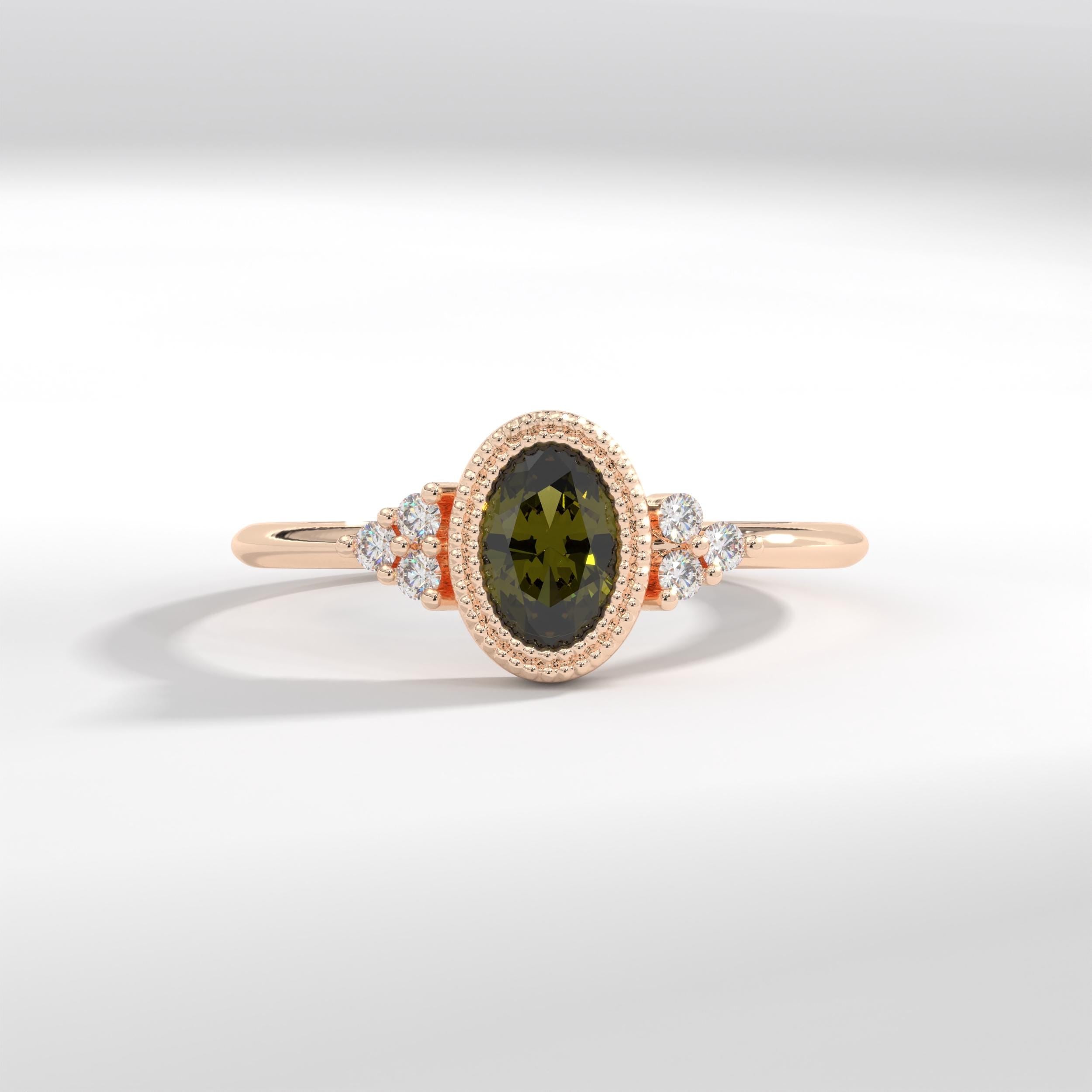 14K Solid Gold Peridot Ring, Oval Birthstone Ring with Side Diamond Band, Peridot Green Gemstone Rings for Women