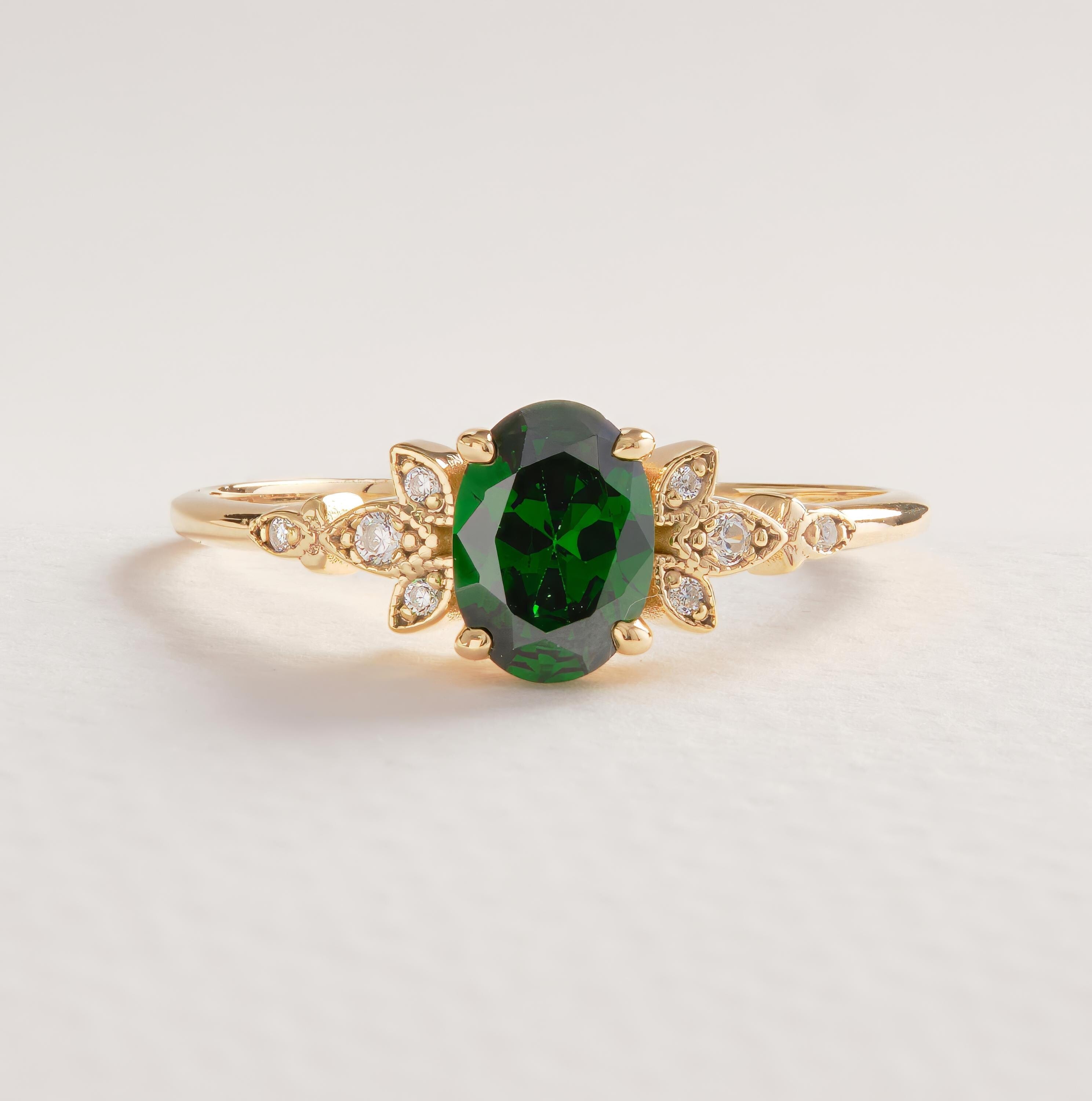 14K Solid Gold Peridot Ring, Oval Birthstone Ring with Side Diamond Band, Peridot Green Gemstone Rings for Women