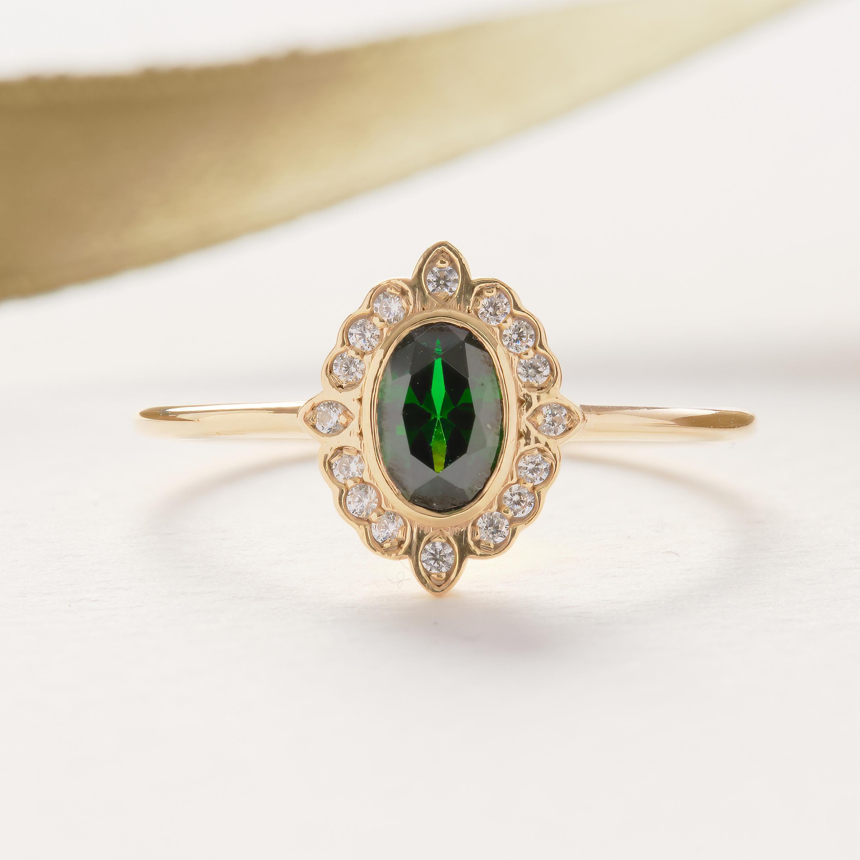 14K Solid Gold Peridot Ring, Oval Birthstone Ring with Side Diamond Band, Peridot Green Gemstone Rings for Women