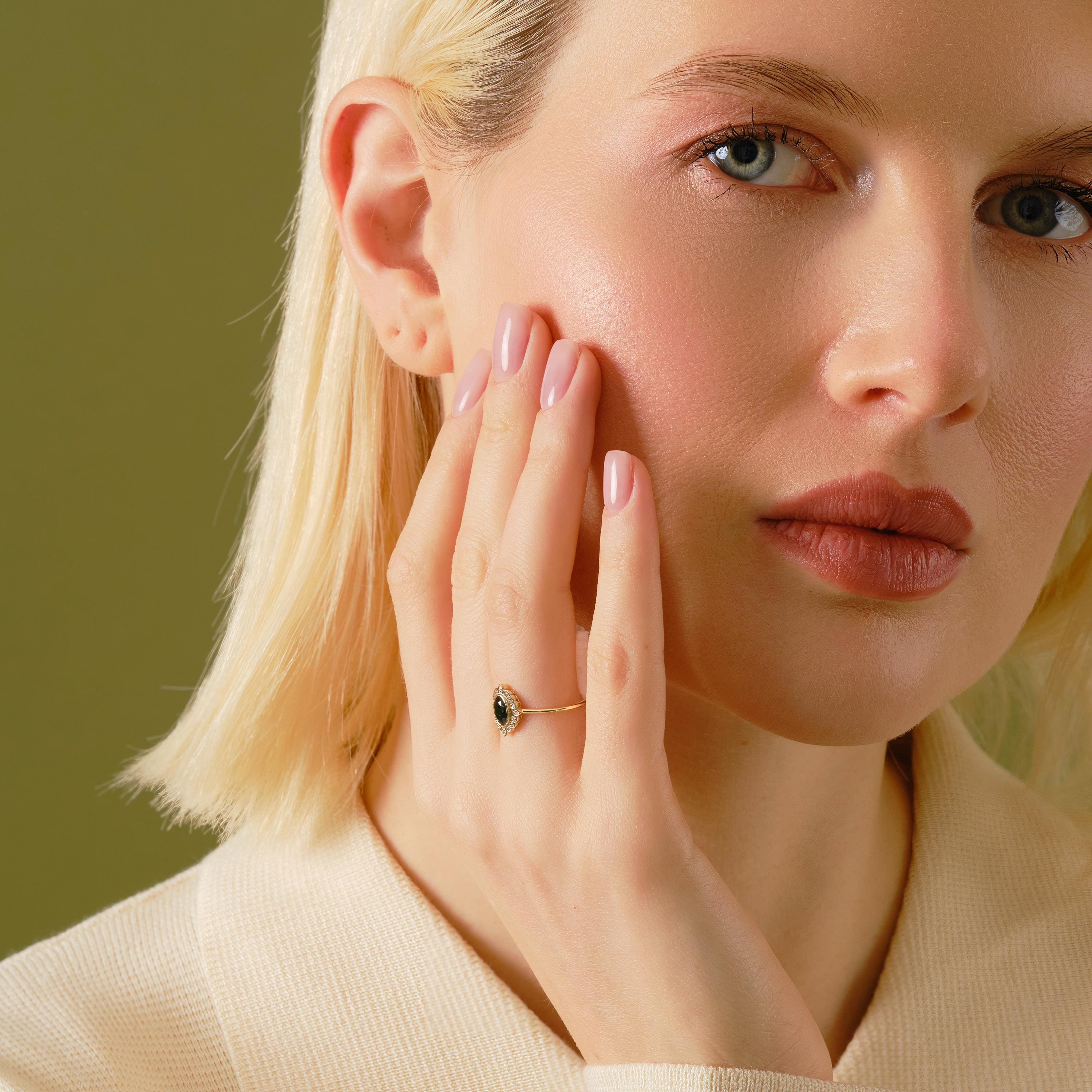 14K Solid Gold Peridot Ring, Oval Birthstone Ring with Side Diamond Band, Peridot Green Gemstone Rings for Women