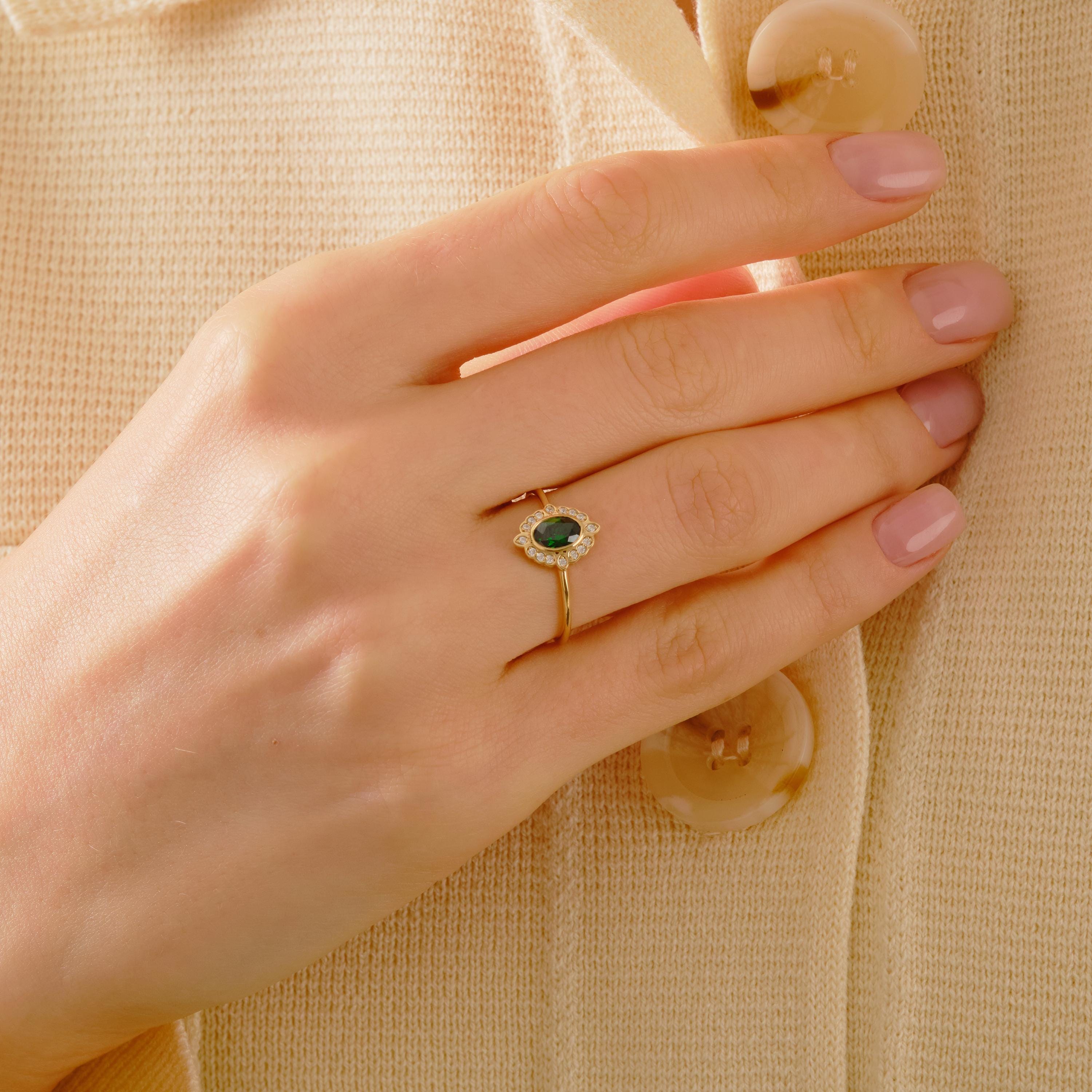 14K Solid Gold Peridot Ring, Oval Birthstone Ring with Side Diamond Band, Peridot Green Gemstone Rings for Women