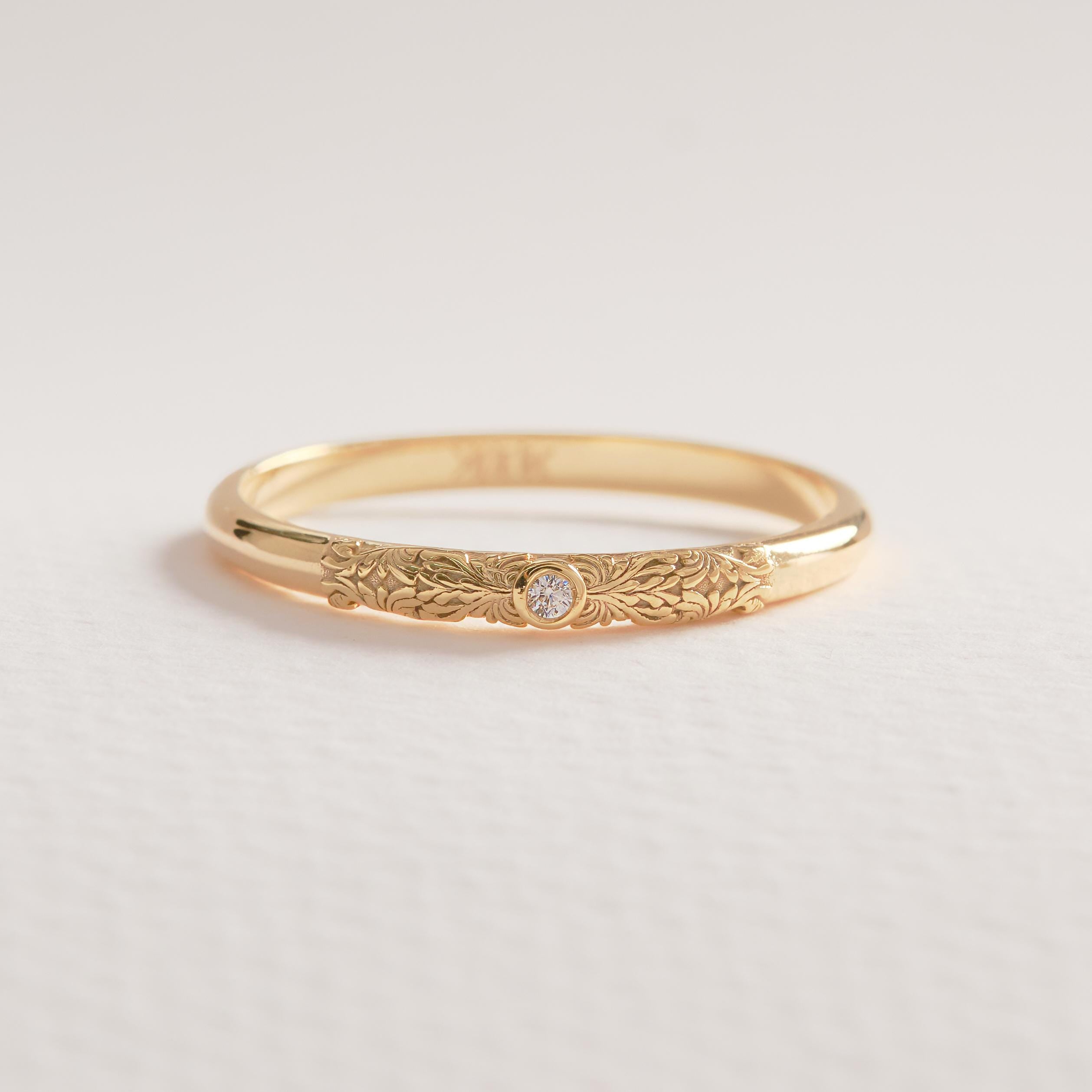 Dainty Diamond Ring 14K Solid Gold Floral Texture Band: Tiny Moissanite Flower Engrave Band
