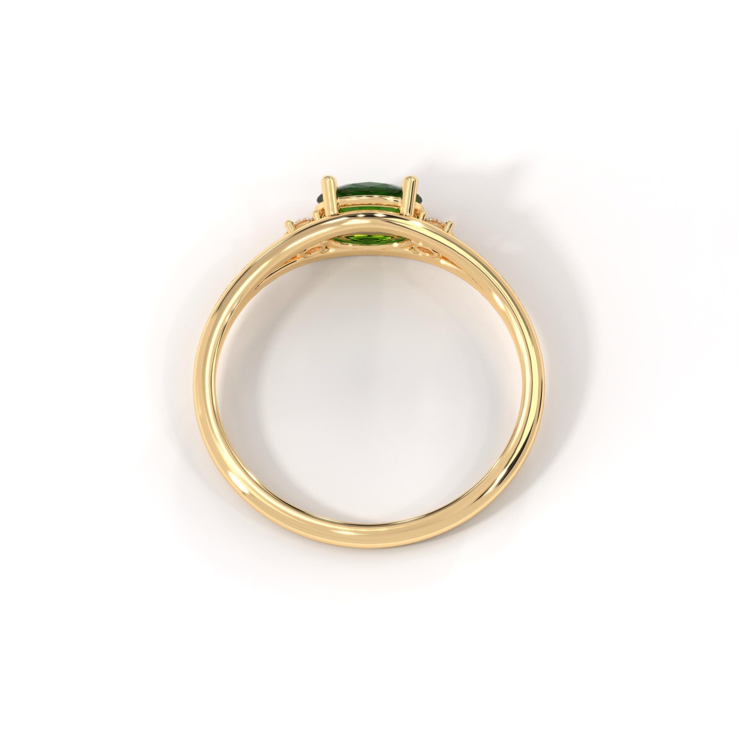 14K Solid Gold Peridot Ring, Oval Birthstone Ring with Side Diamond Band, Peridot Green Gemstone Rings for Women