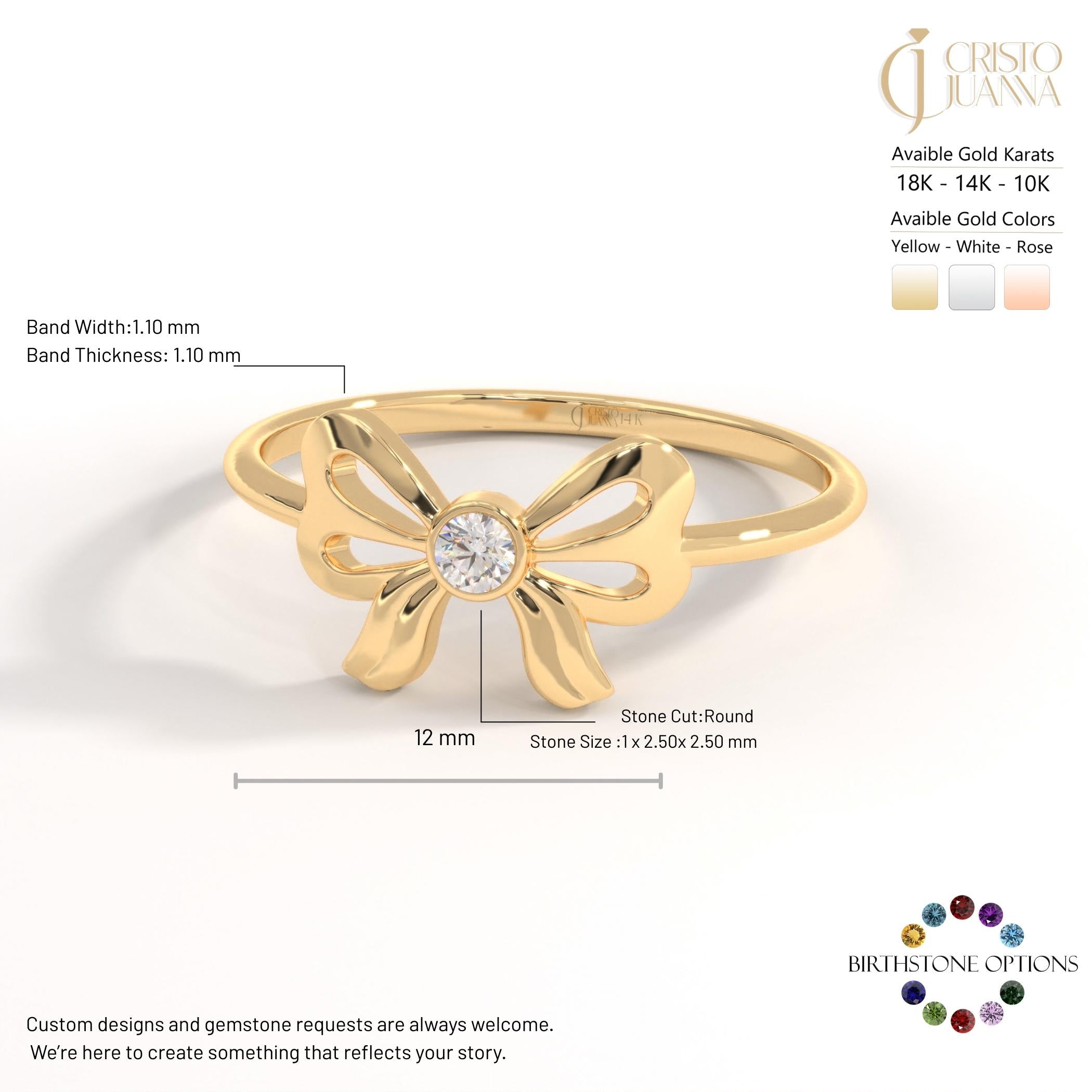 Bow Tie Diamond Ring 14K Solid Gold: Little Bowknot Ring, Bezel Bowtie Moissanite Knot Ring for Women
