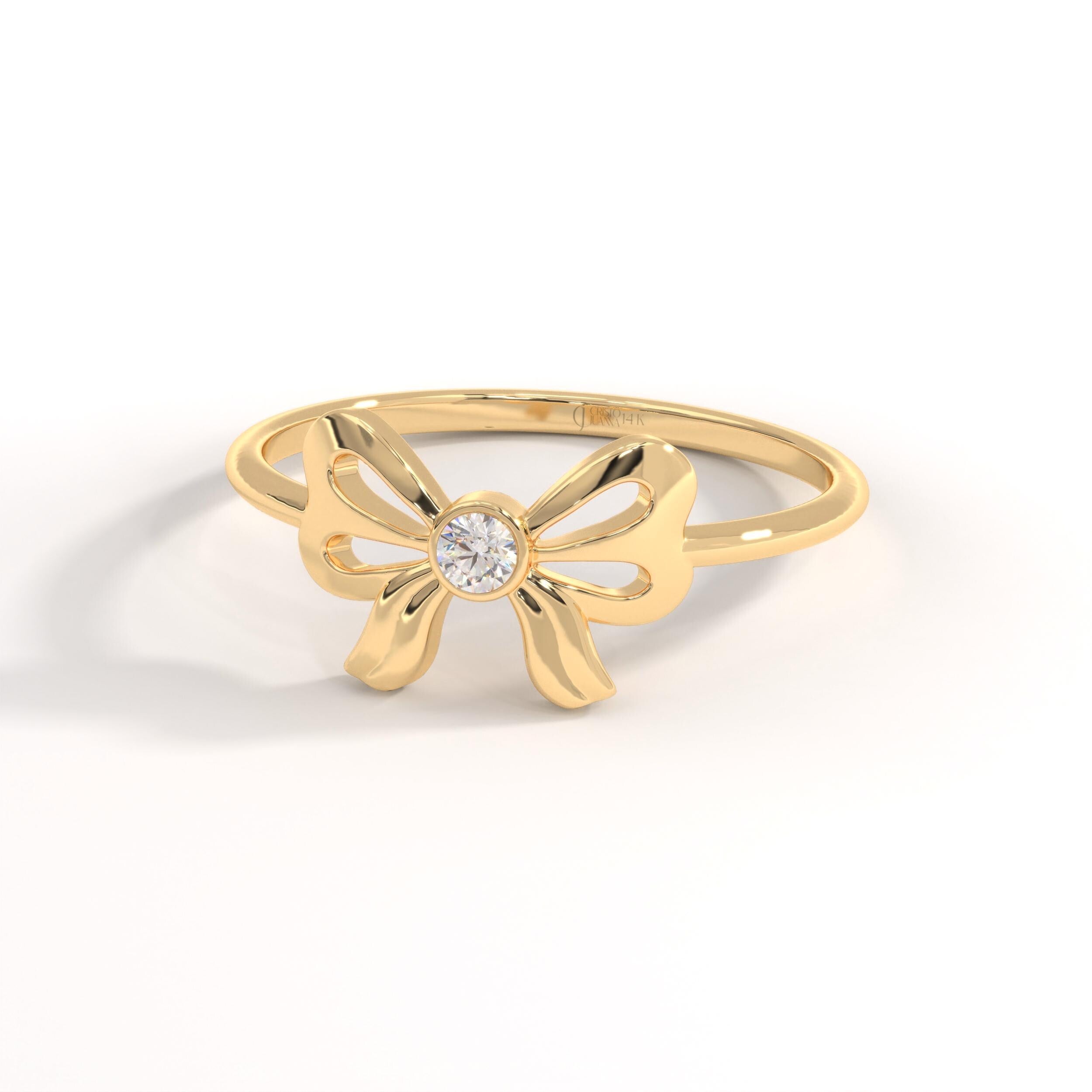 Bow Tie Diamond Ring 14K Solid Gold: Little Bowknot Ring, Bezel Bowtie Moissanite Knot Ring for Women