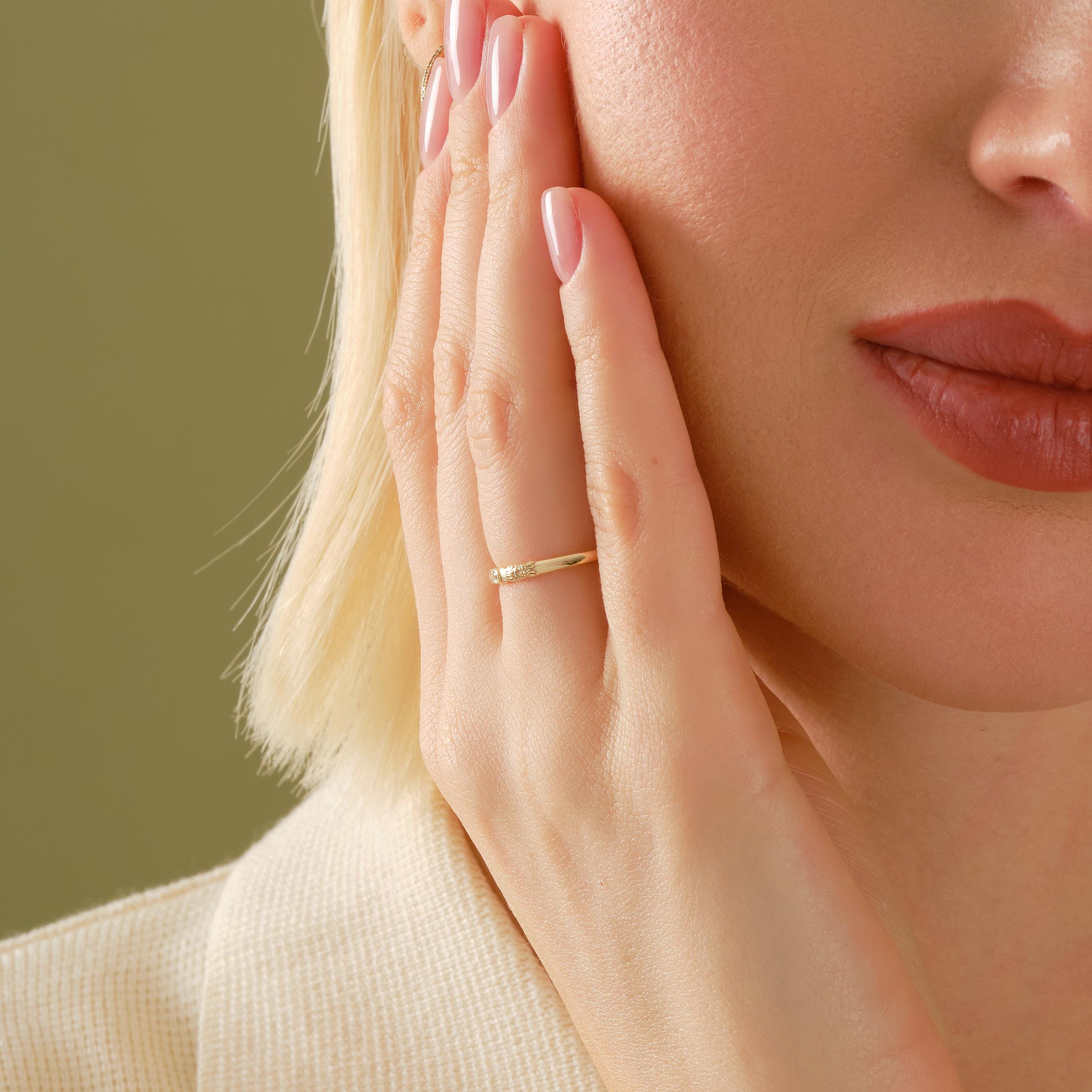 Dainty Diamond Ring 14K Solid Gold Floral Texture Band: Tiny Moissanite Flower Engrave Band