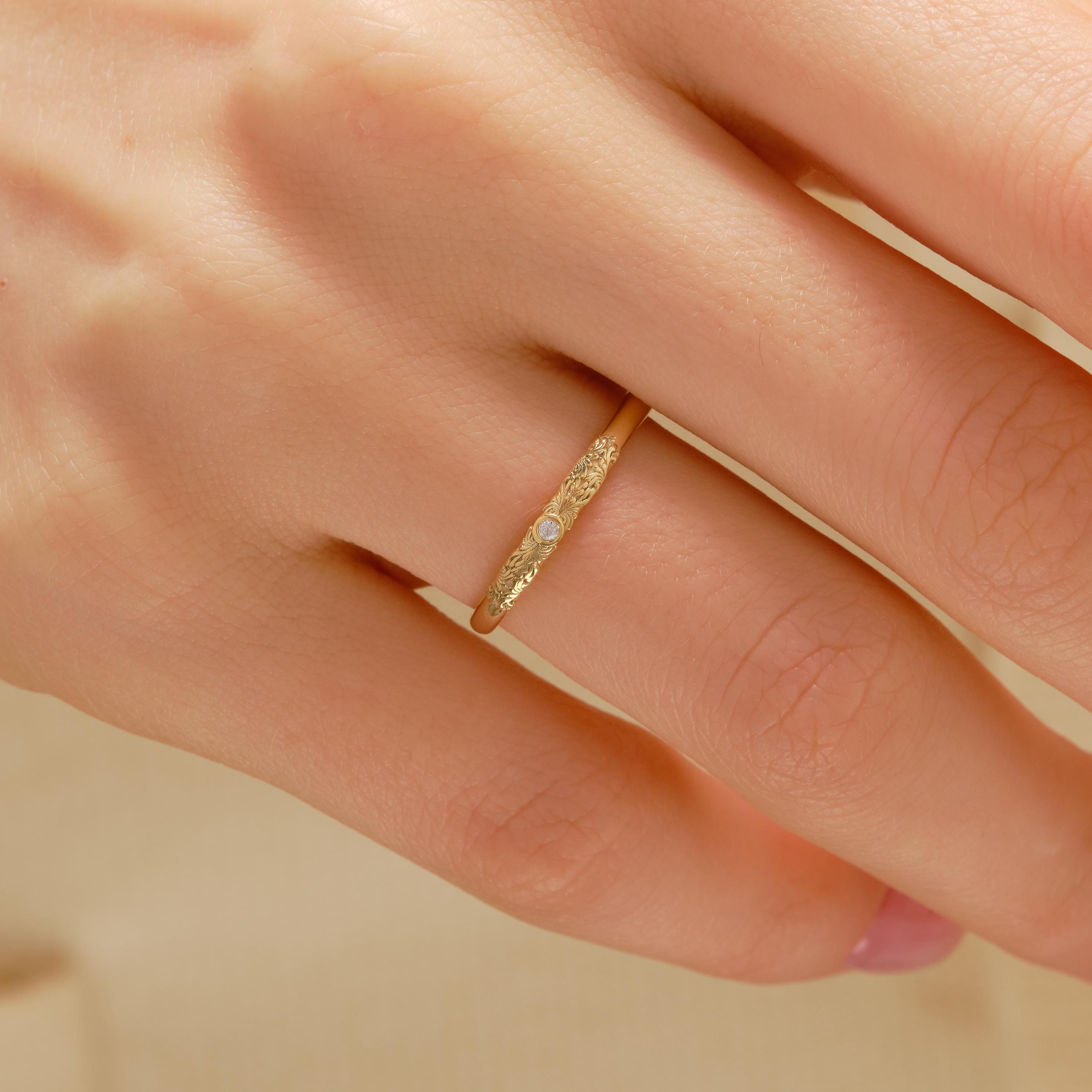 Dainty Diamond Ring 14K Solid Gold Floral Texture Band: Tiny Moissanite Flower Engrave Band