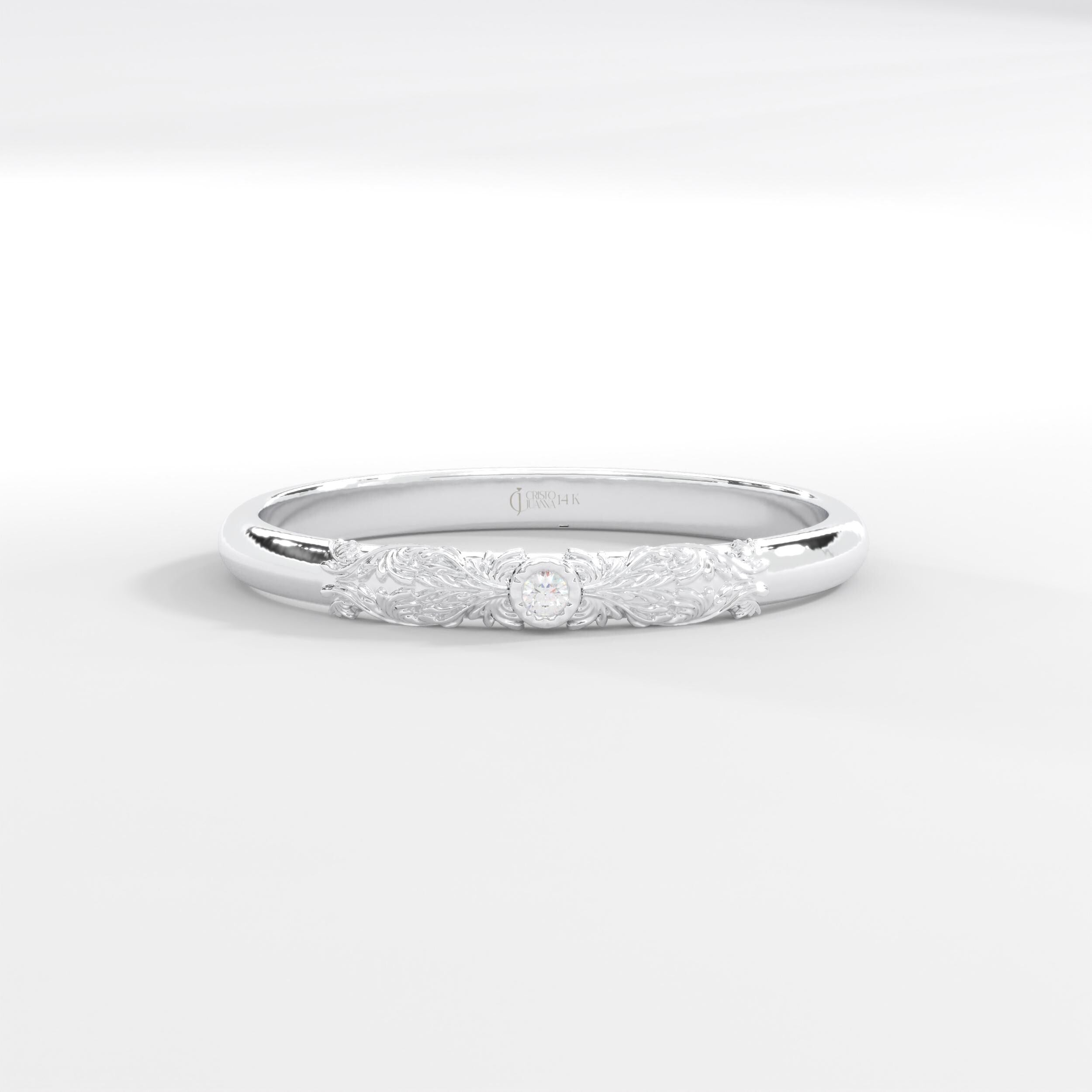 Dainty Diamond Ring 14K Solid Gold Floral Texture Band: Tiny Moissanite Flower Engrave Band