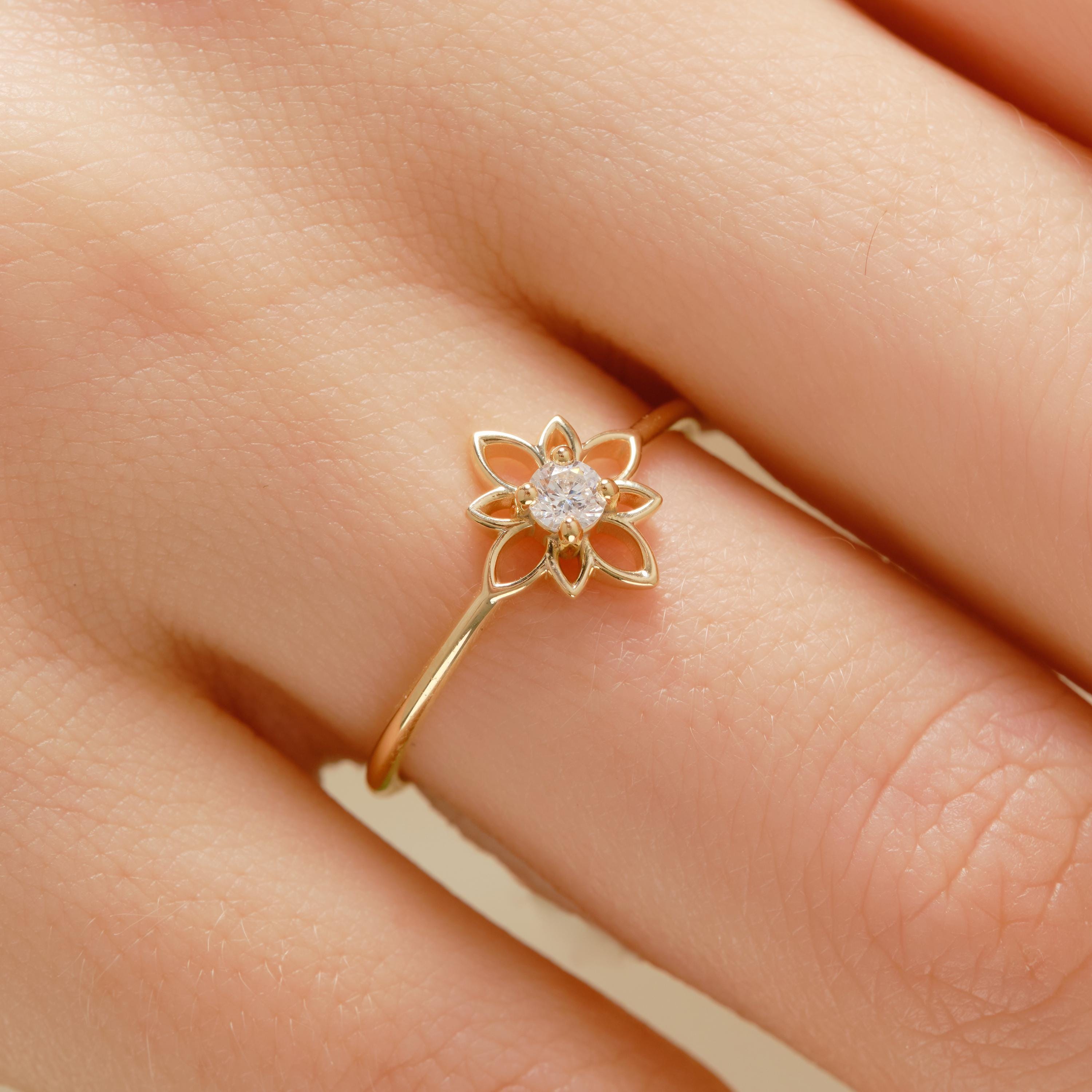 Diamond Open Daisy Ring 14K Solid Gold Stackable Band, Round Moissanite Rings Dainty Floral Bands