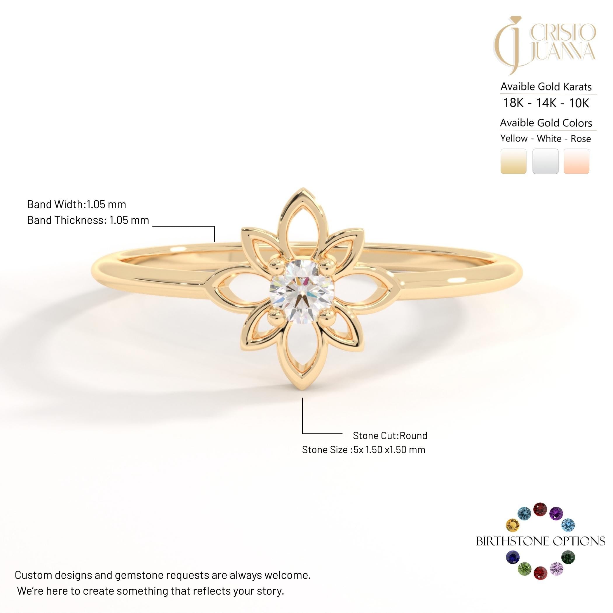 🌼 Diamond Open Daisy Ring | 14K Solid Gold Dainty Floral Stackable Band

Inspired by vintage elegance and the soft beauty of nature, this Diamond Open Daisy Ring features a delicate floral silhouette with a sparkling round stone at its center. Handcrafted in solid gold, this slim and graceful band is designed for effortless everyday wear and easy stacking. Its open daisy motif brings a light, boho charm while maintaining a timeless and feminine appeal.