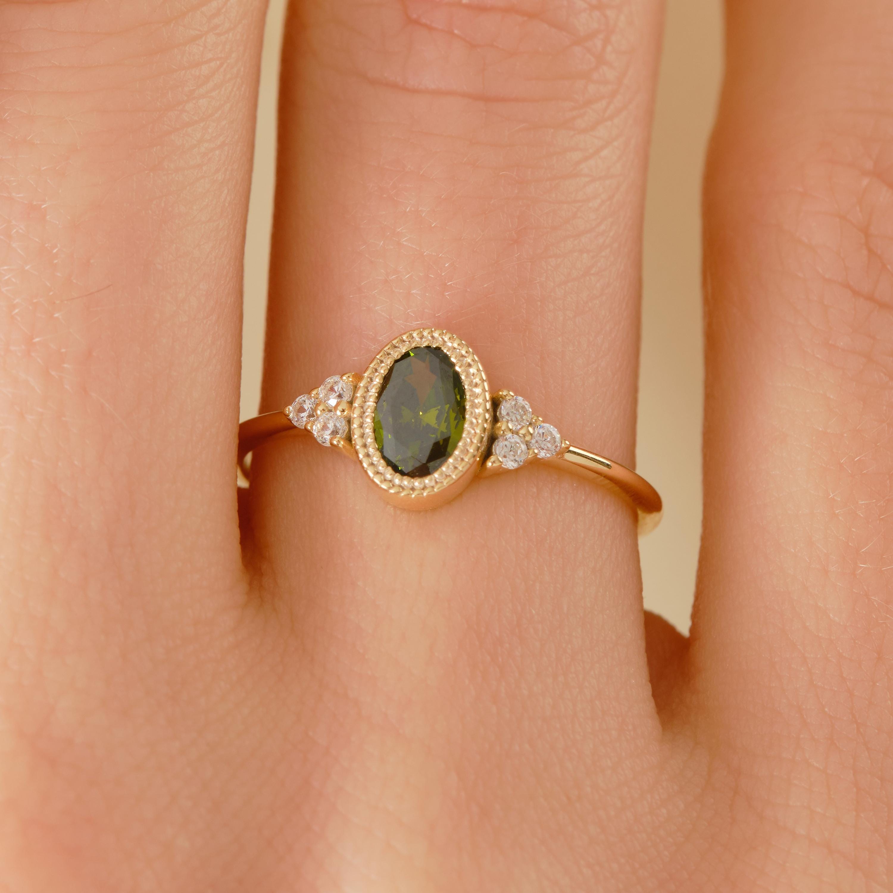 14K Solid Gold Peridot Ring, Oval Birthstone Ring with Side Diamond Band, Peridot Green Gemstone Rings for Women