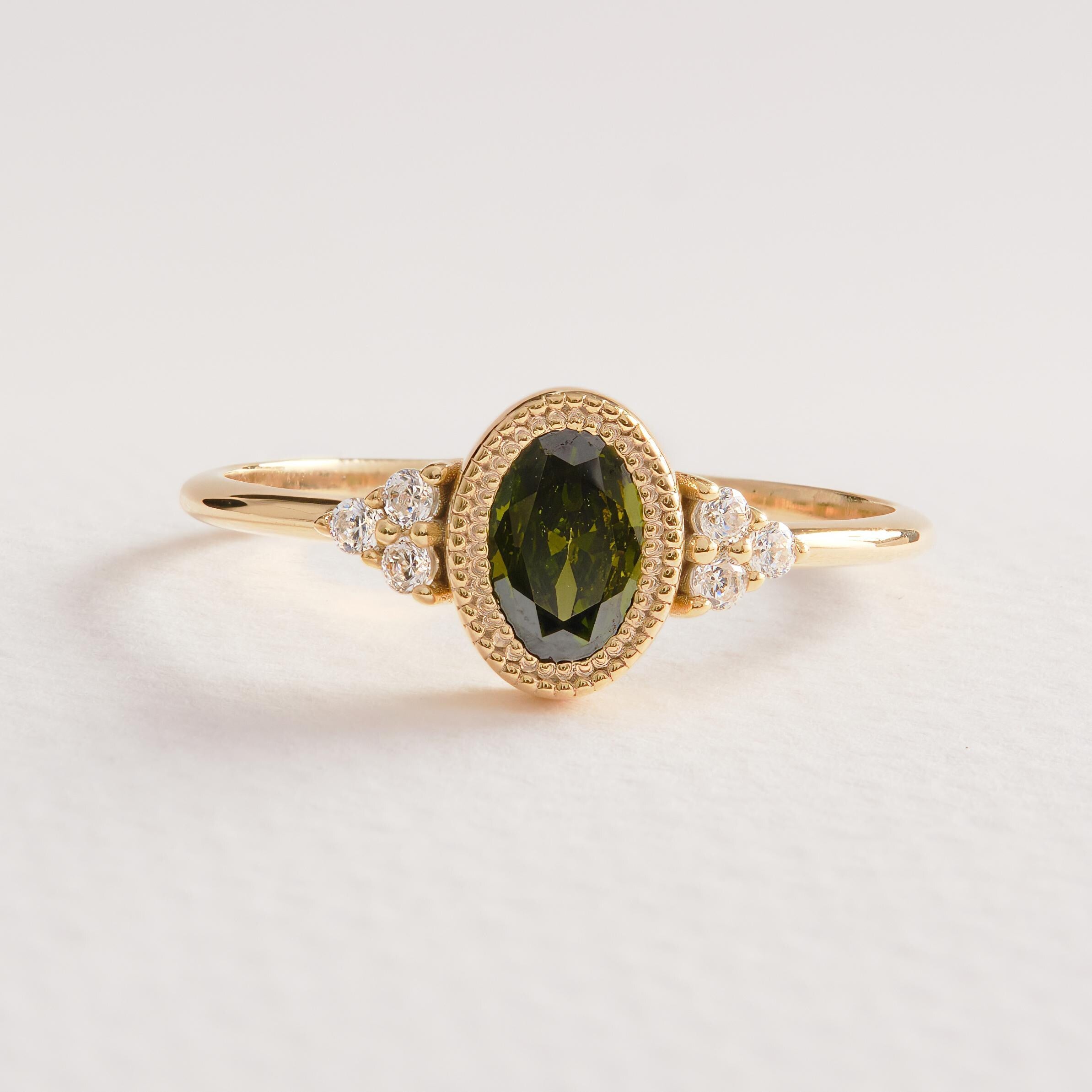 14K Solid Gold Peridot Ring, Oval Birthstone Ring with Side Diamond Band, Peridot Green Gemstone Rings for Women