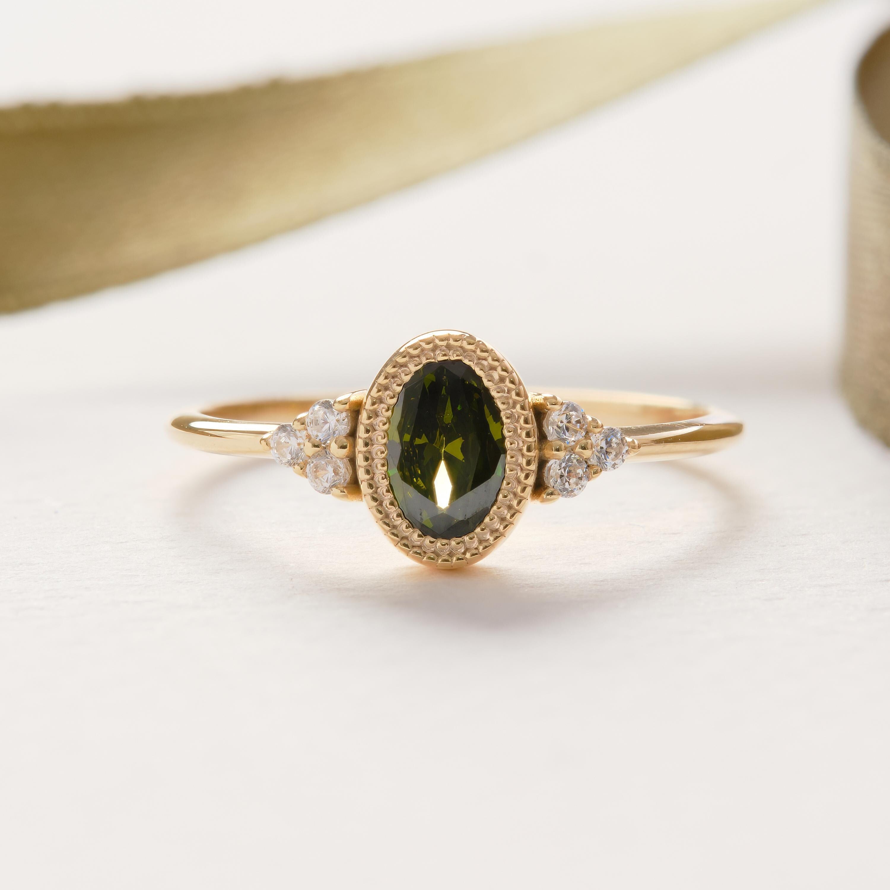 14K Solid Gold Peridot Ring, Oval Birthstone Ring with Side Diamond Band, Peridot Green Gemstone Rings for Women