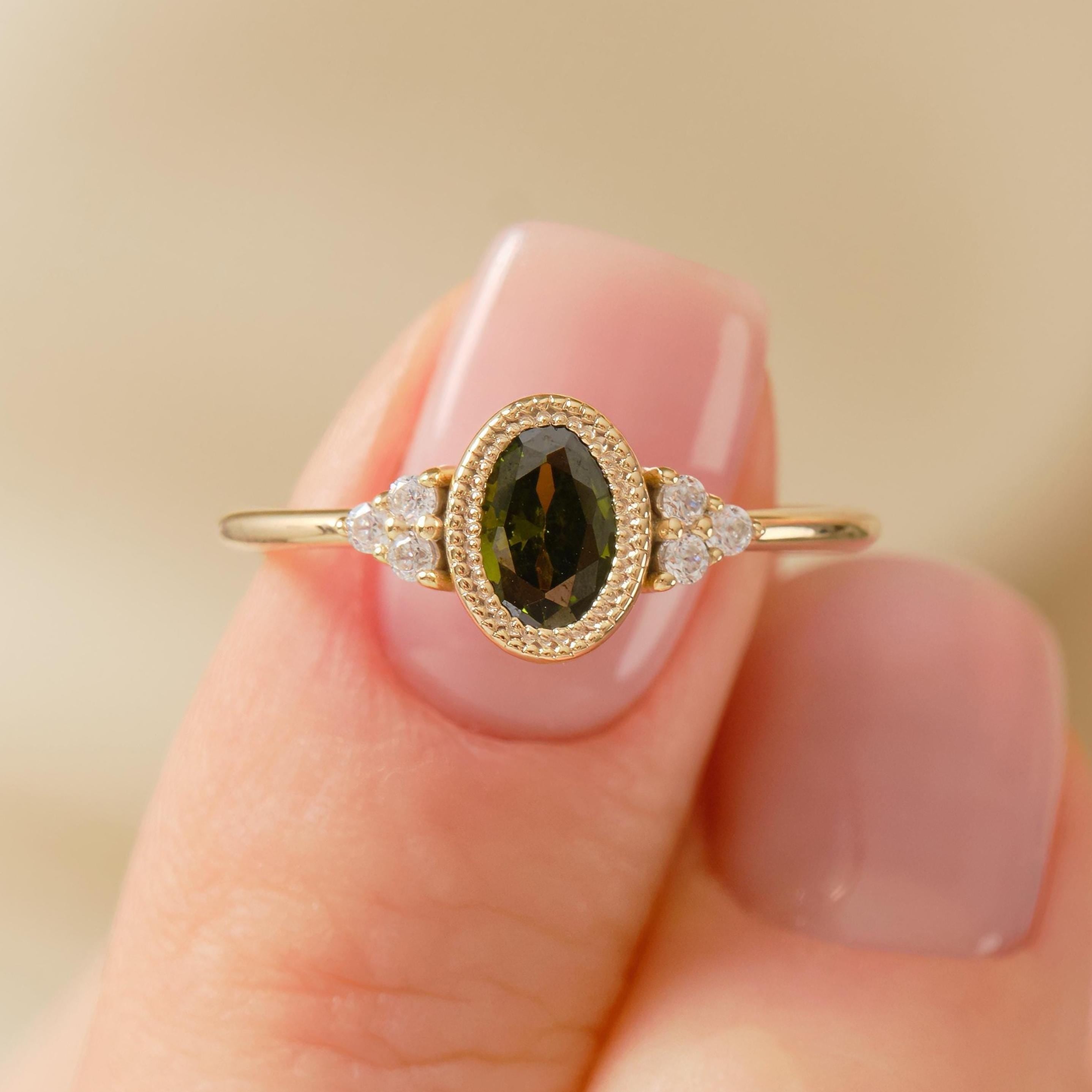 14K Solid Gold Peridot Ring, Oval Birthstone Ring with Side Diamond Band, Peridot Green Gemstone Rings for Women