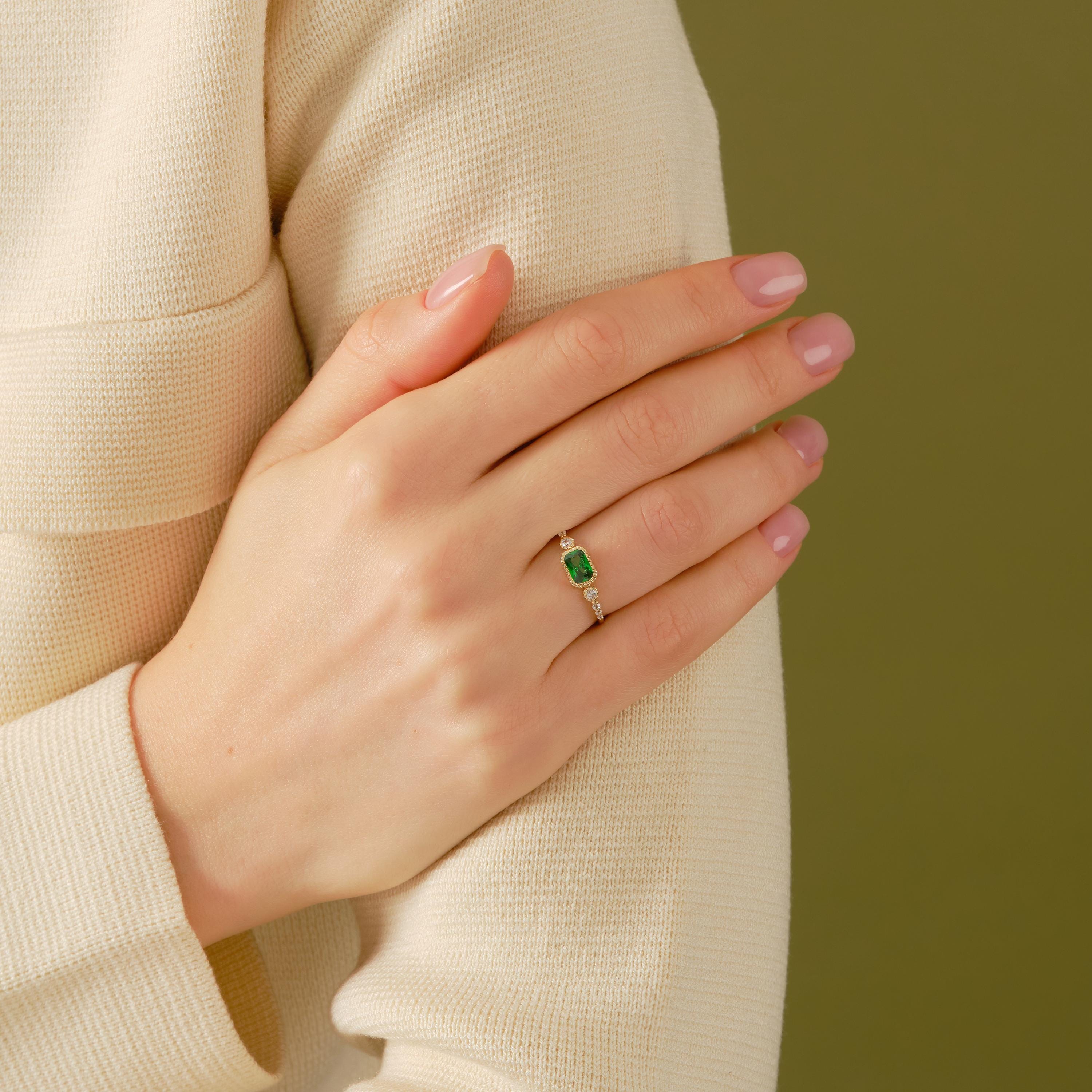 Vintage Inspire Emerald Ring, Oval Birthstone Ring with 14K Solid Gold Side Diamond Band, Art Deco Bezel Green Gemstone Rings for Women