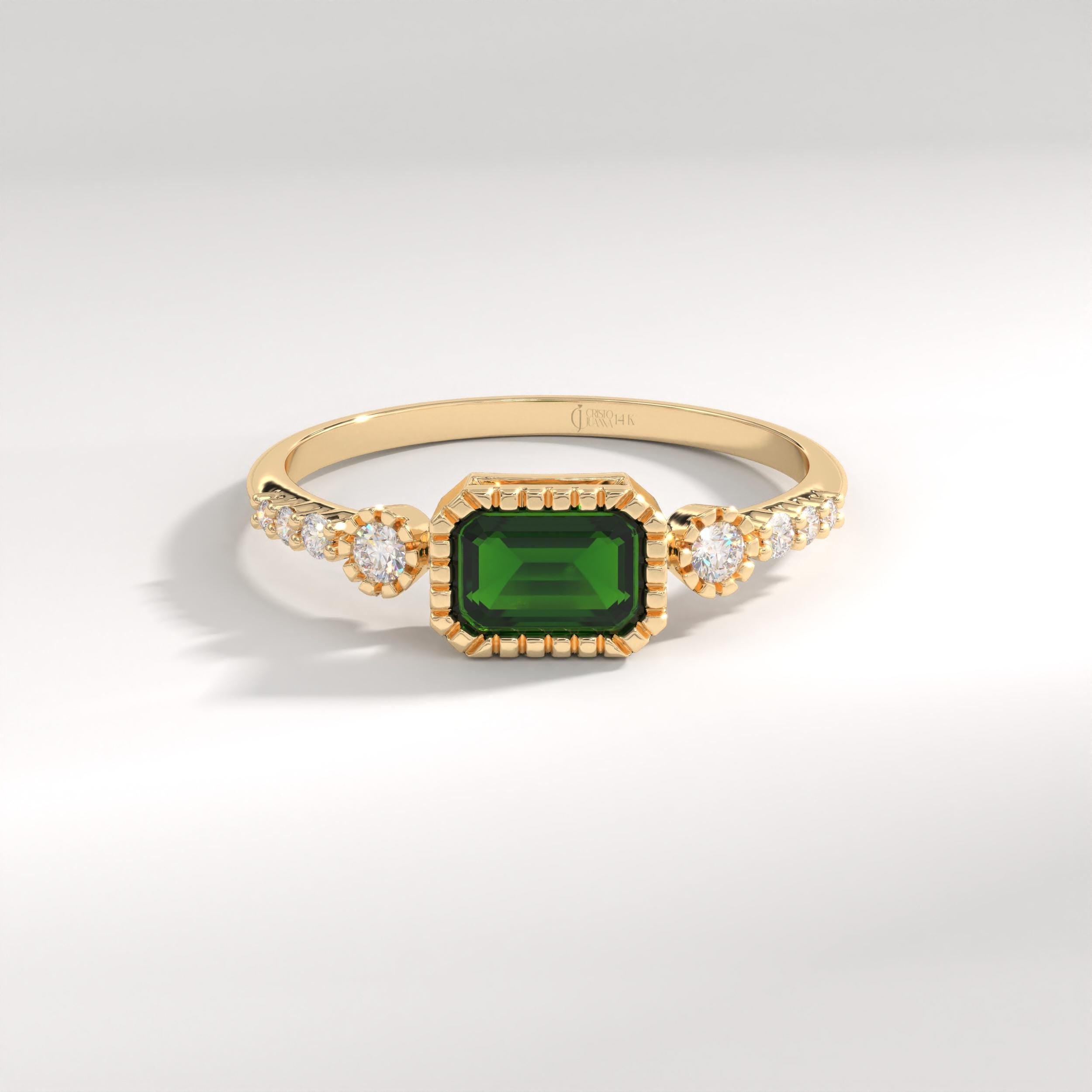 Vintage Inspire Emerald Ring, Oval Birthstone Ring with 14K Solid Gold Side Diamond Band, Art Deco Bezel Green Gemstone Rings for Women