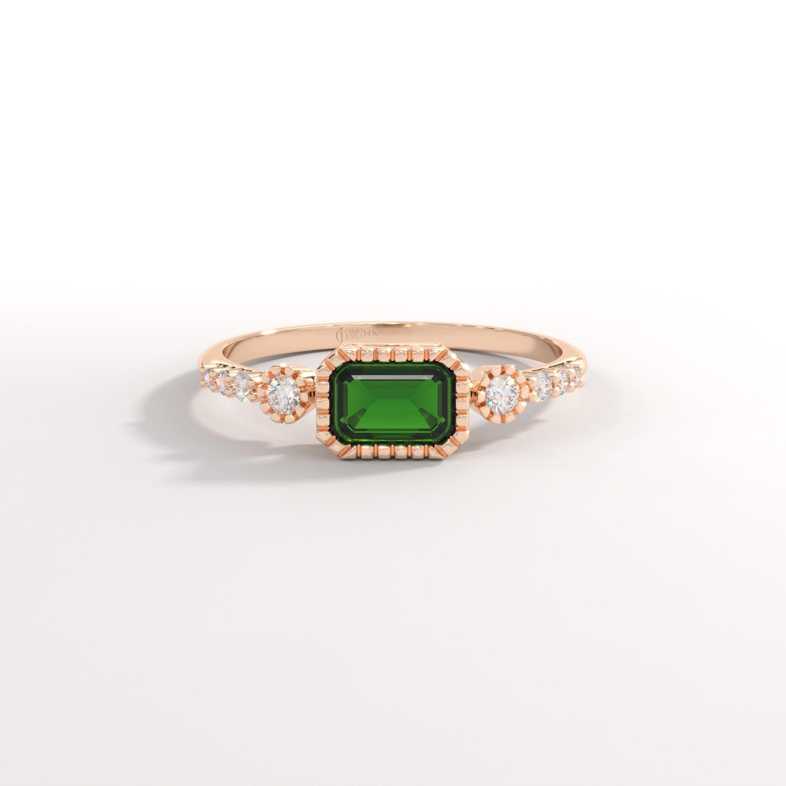 Vintage Inspire Emerald Ring, Oval Birthstone Ring with 14K Solid Gold Side Diamond Band, Art Deco Bezel Green Gemstone Rings for Women