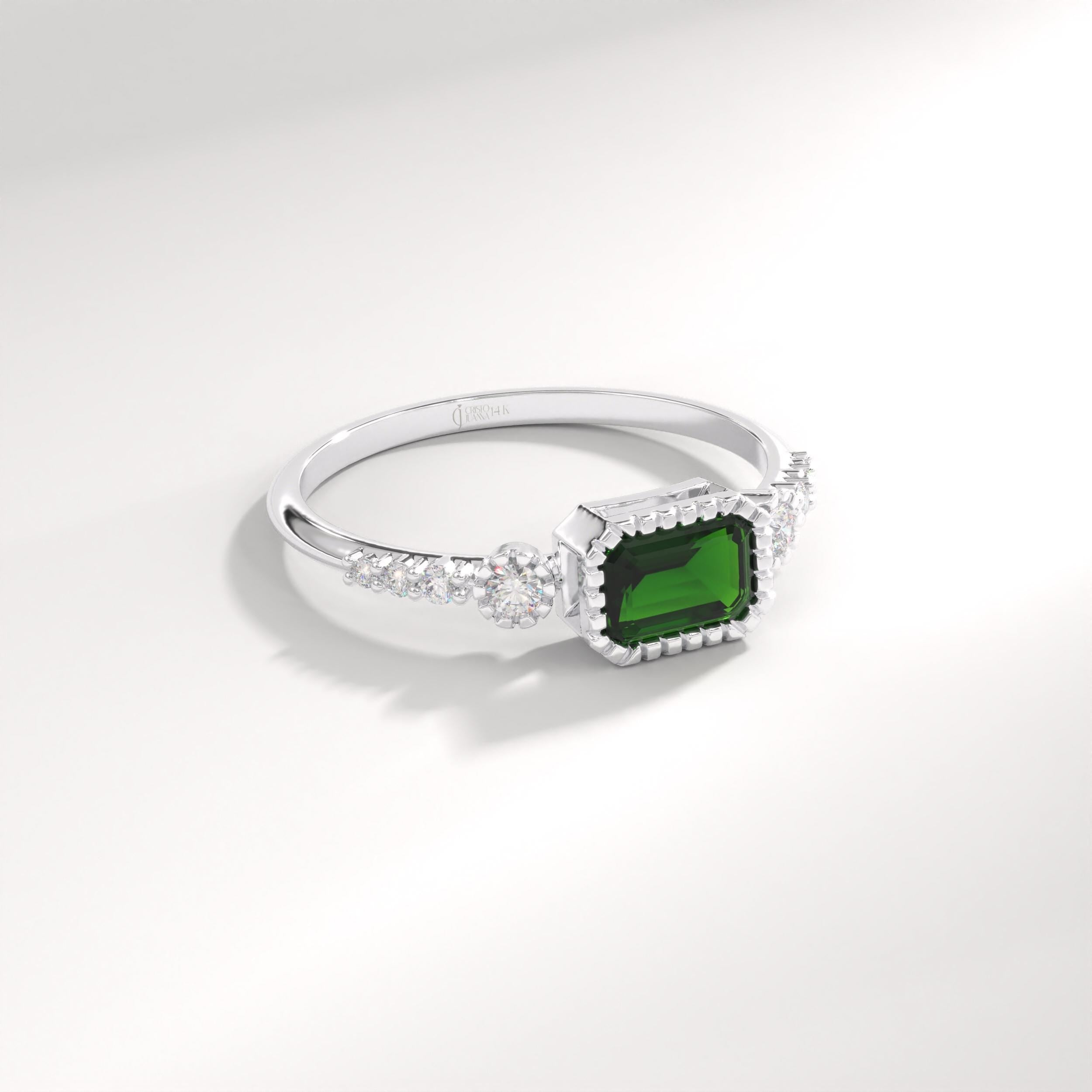 Vintage Inspire Emerald Ring, Oval Birthstone Ring with 14K Solid Gold Side Diamond Band, Art Deco Bezel Green Gemstone Rings for Women