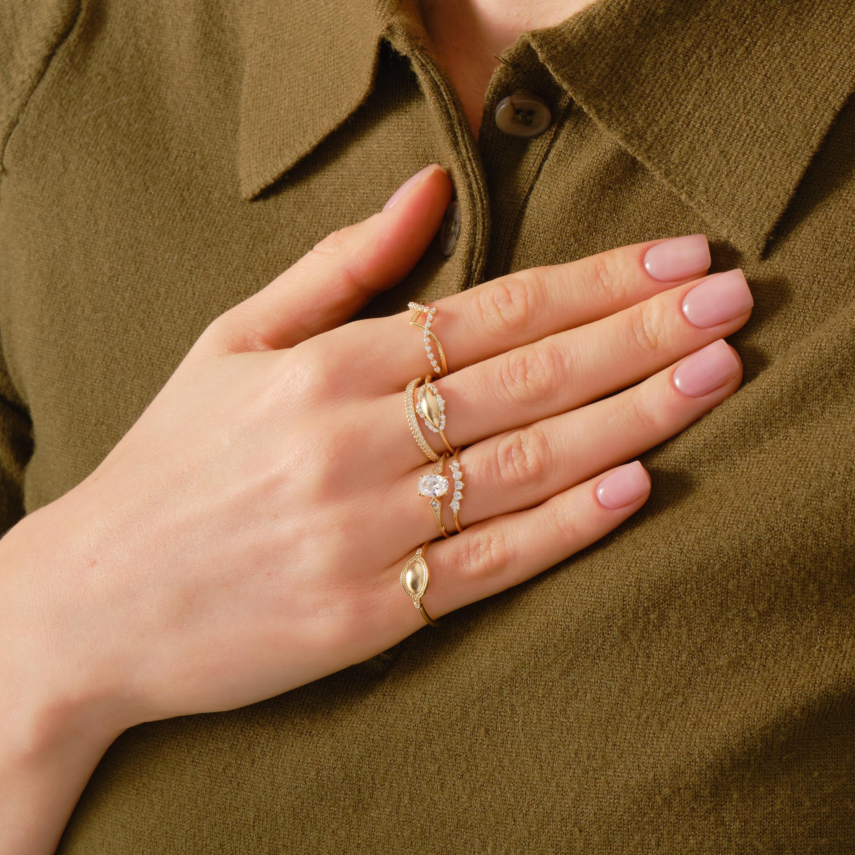 Dainty Diamond Ring 14K Solid Gold Floral Texture Band: Tiny Moissanite Flower Engrave Band