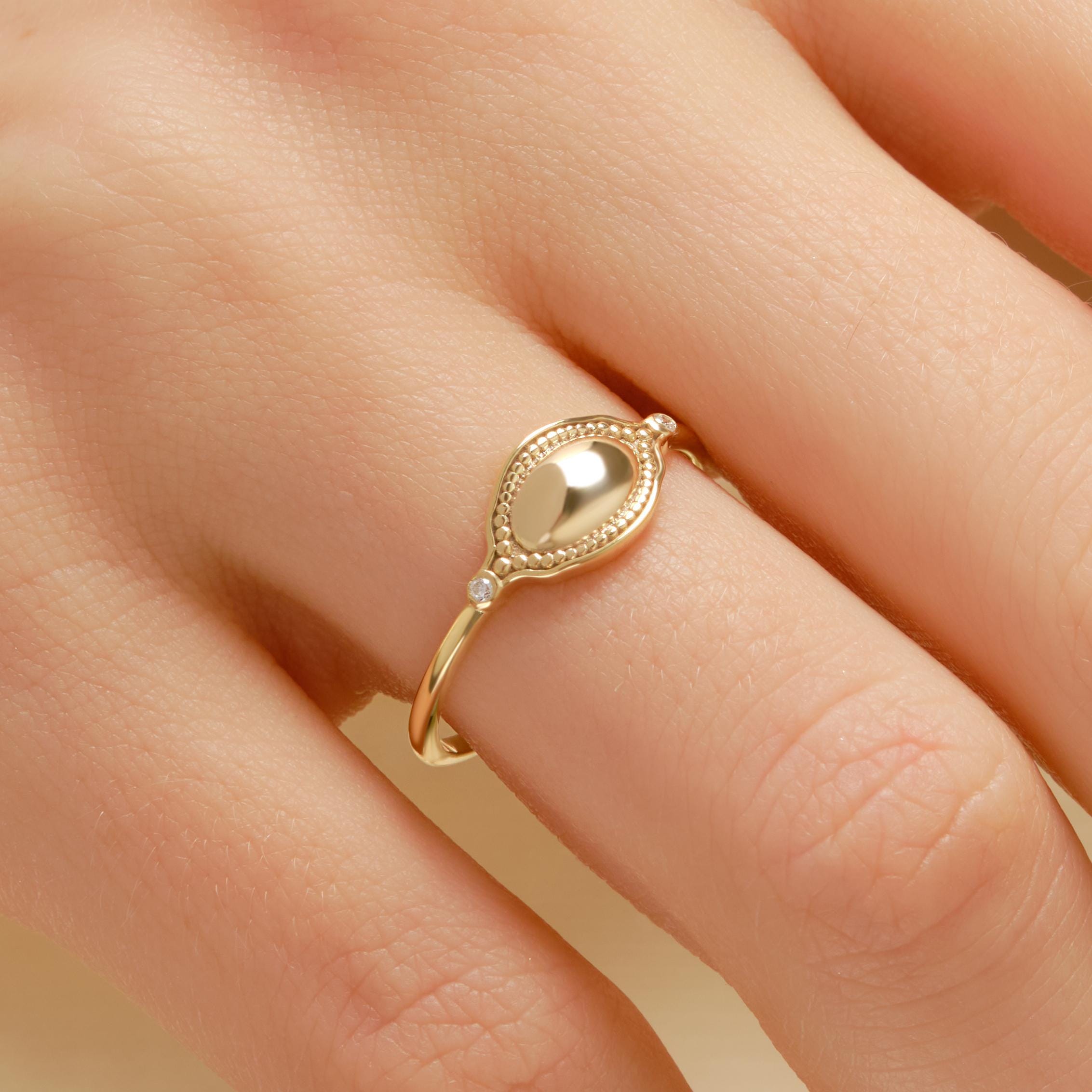Dainty Diamond Ring 14K Solid Gold Floral Texture Band: Tiny Moissanite Flower Engrave Band