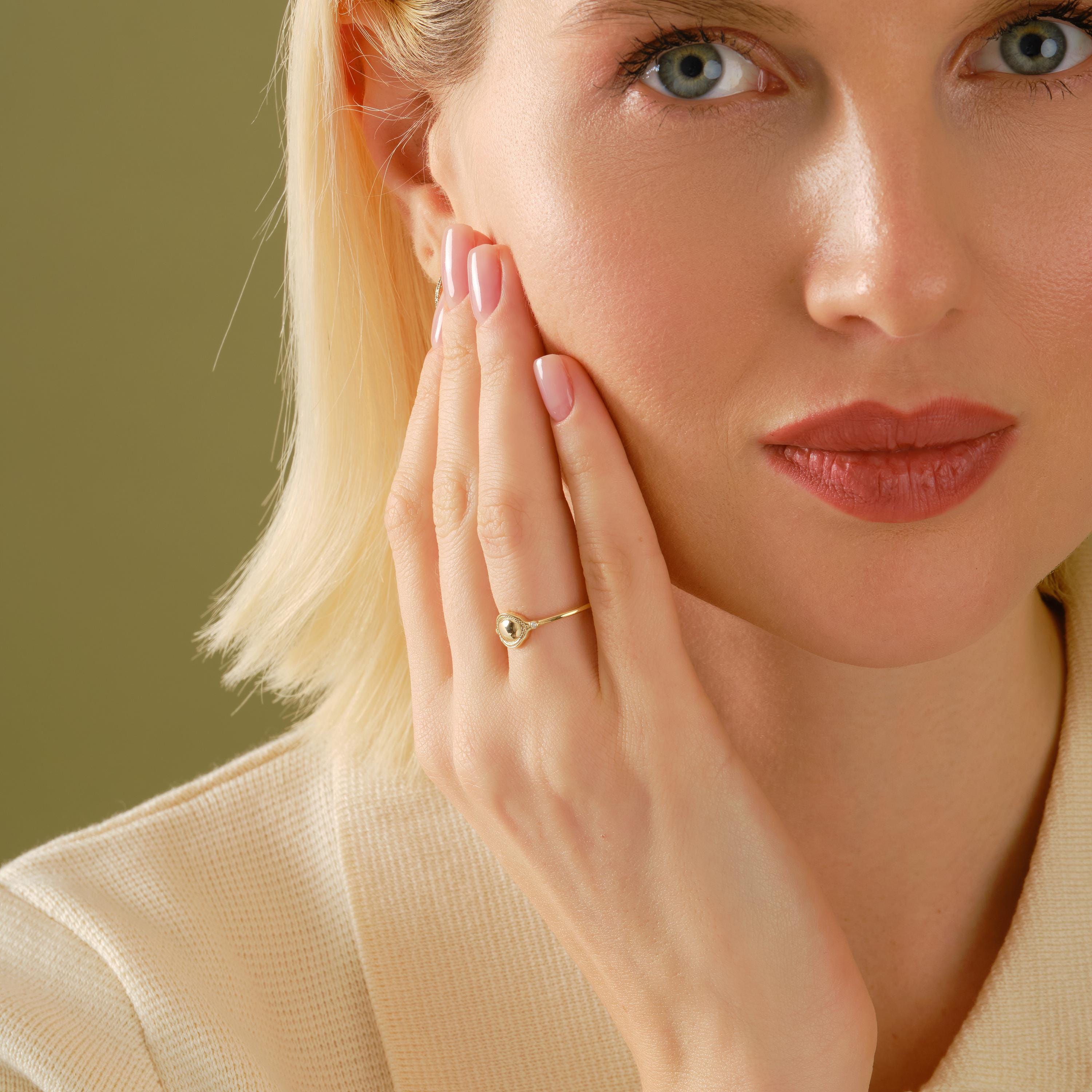 Dainty Diamond Ring 14K Solid Gold Floral Texture Band: Tiny Moissanite Flower Engrave Band