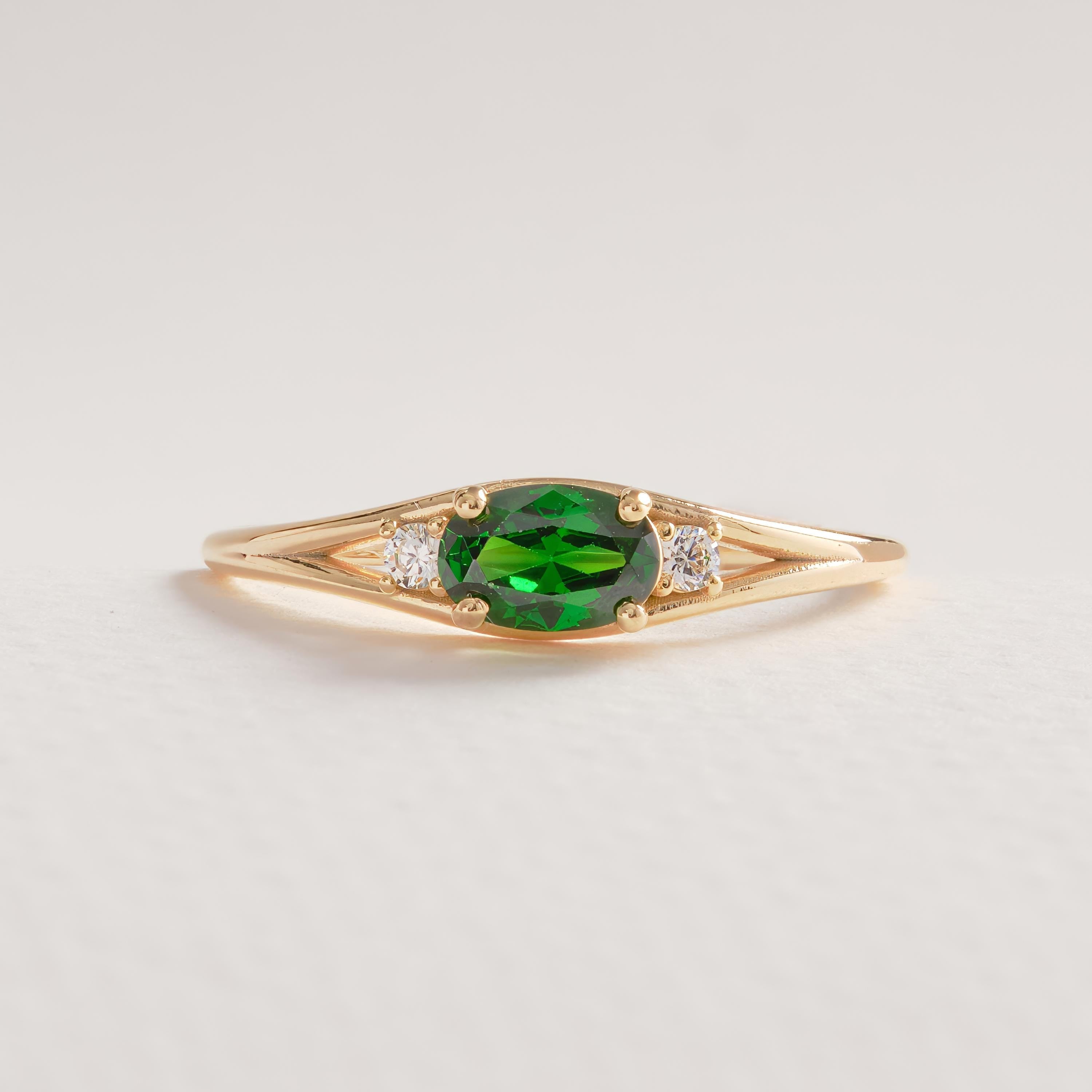 14K Solid Gold Peridot Ring, Oval Birthstone Ring with Side Diamond Band, Peridot Green Gemstone Rings for Women