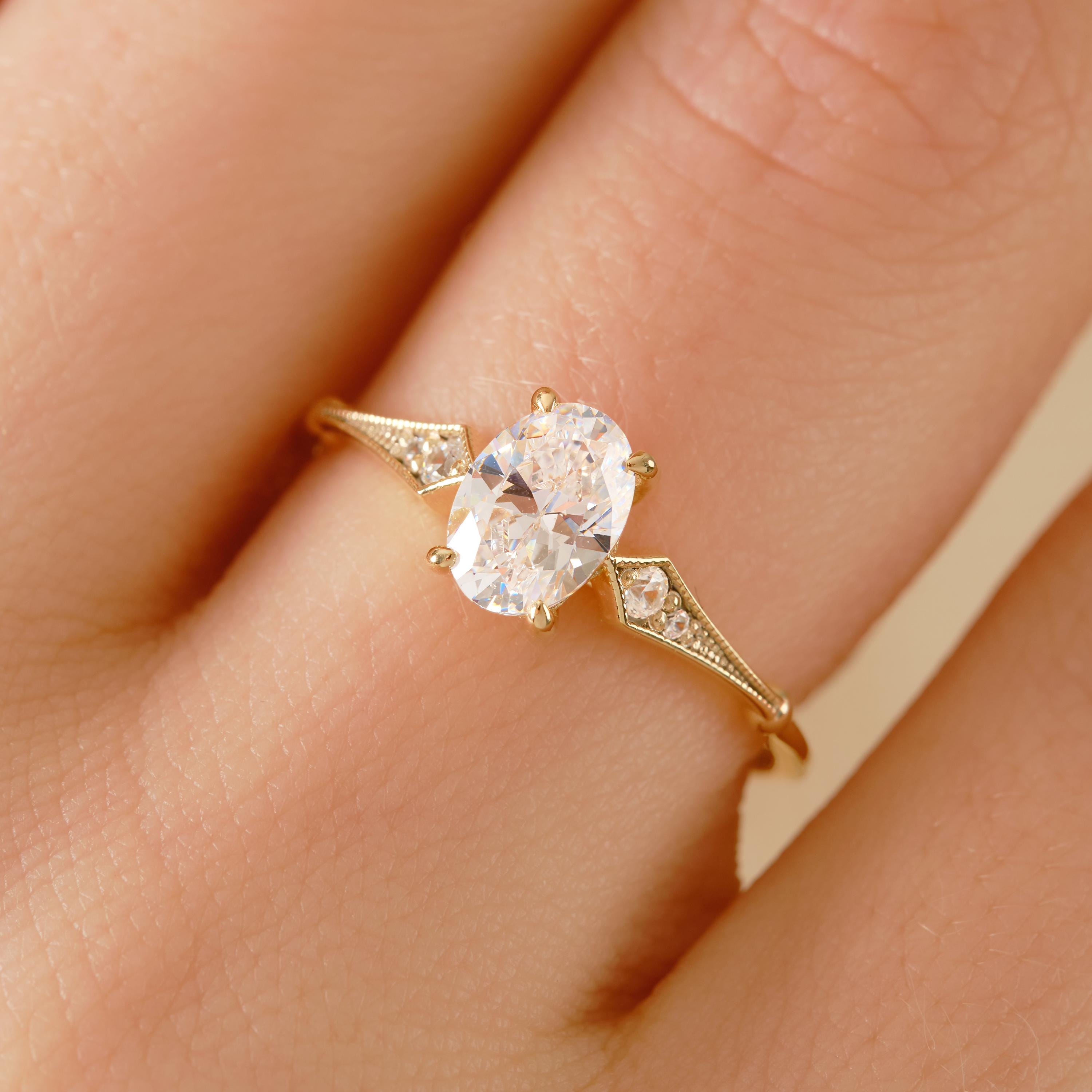 14K Solid Gold Peridot Ring, Oval Birthstone Ring with Side Diamond Band, Peridot Green Gemstone Rings for Women