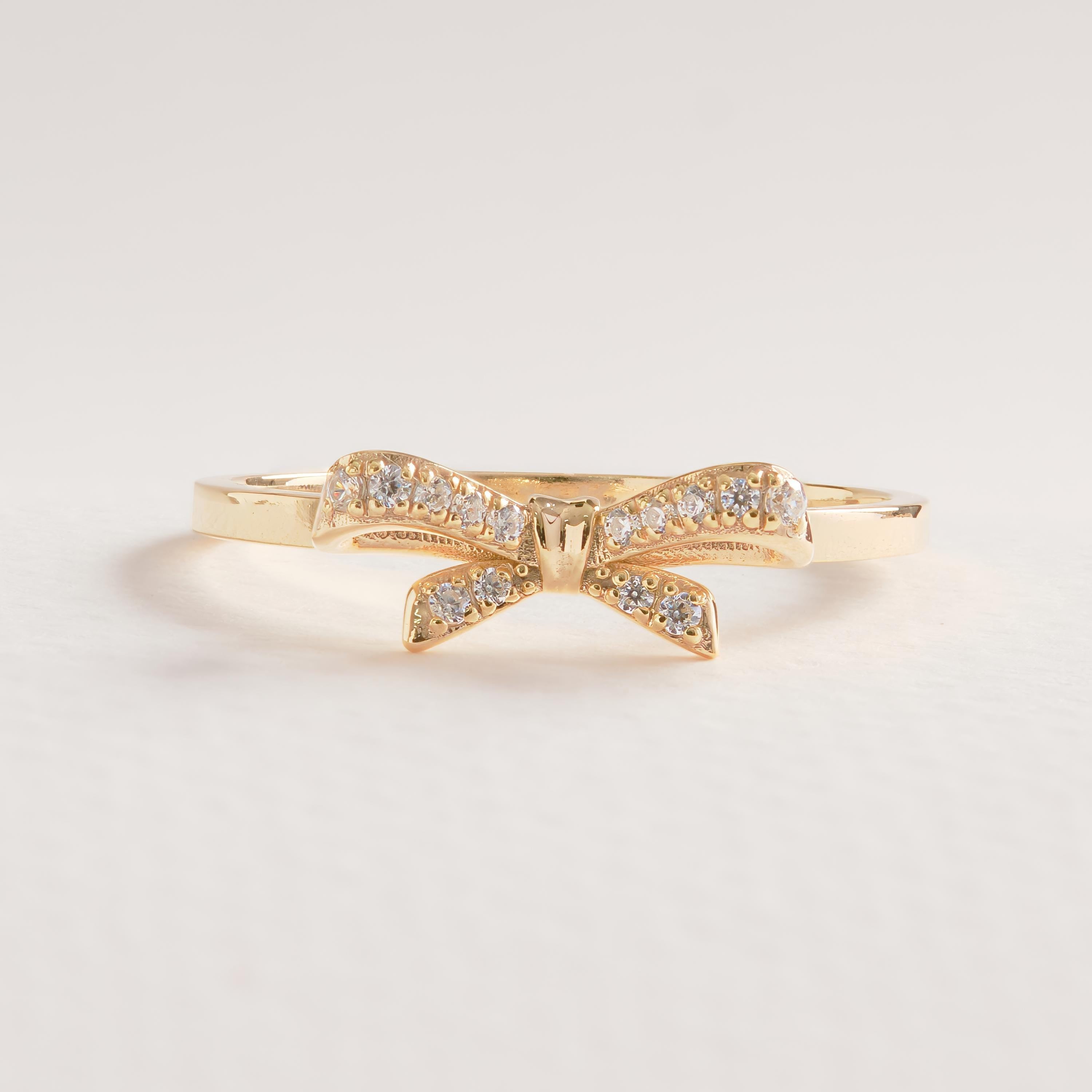 14K Solid Gold Ribbon Ring Dainty Diamond Bowtie Ring for Women, Bow Tie Ring for Soulmates