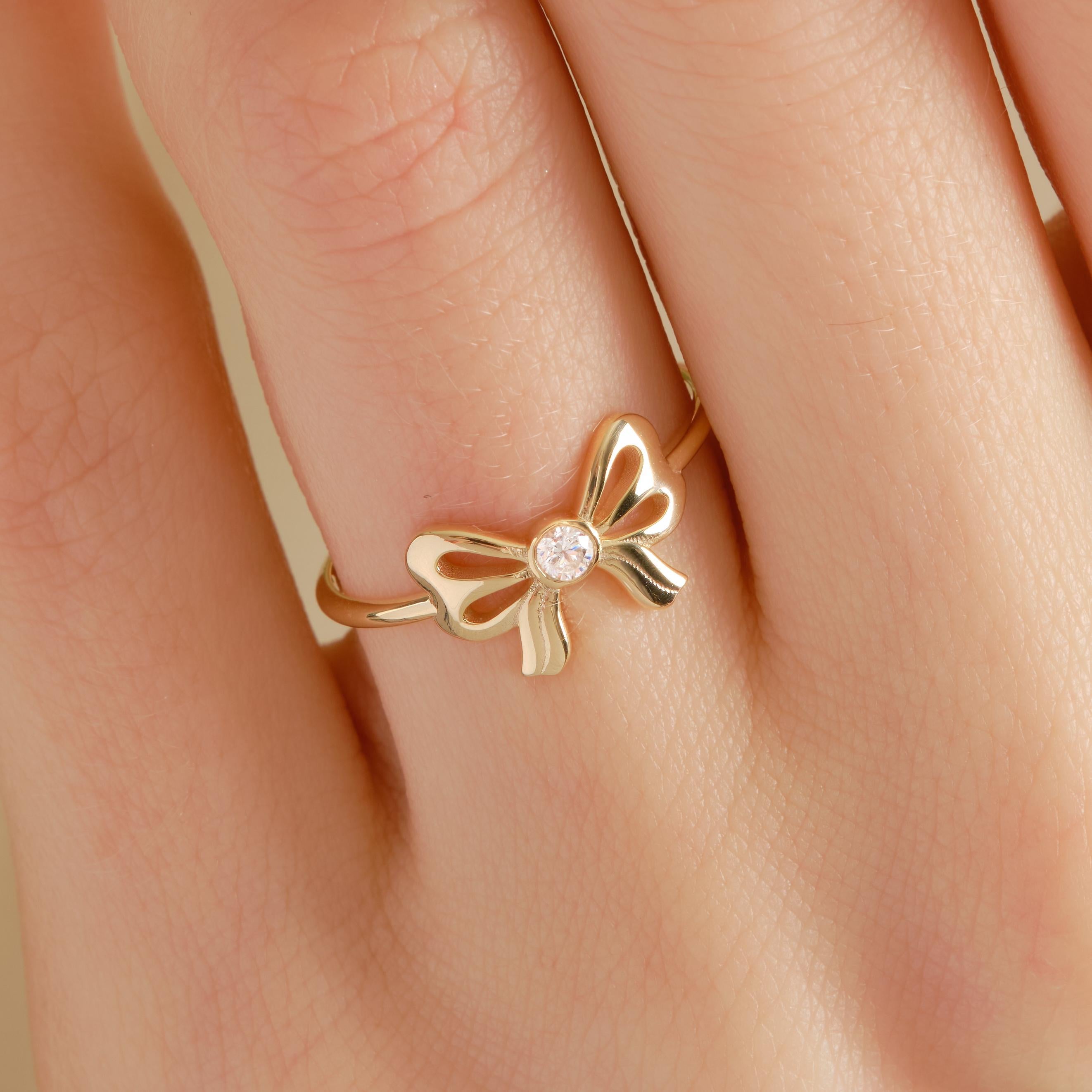 Bow Tie Diamond Ring 14K Solid Gold: Little Bowknot Ring, Bezel Bowtie Moissanite Knot Ring for Women