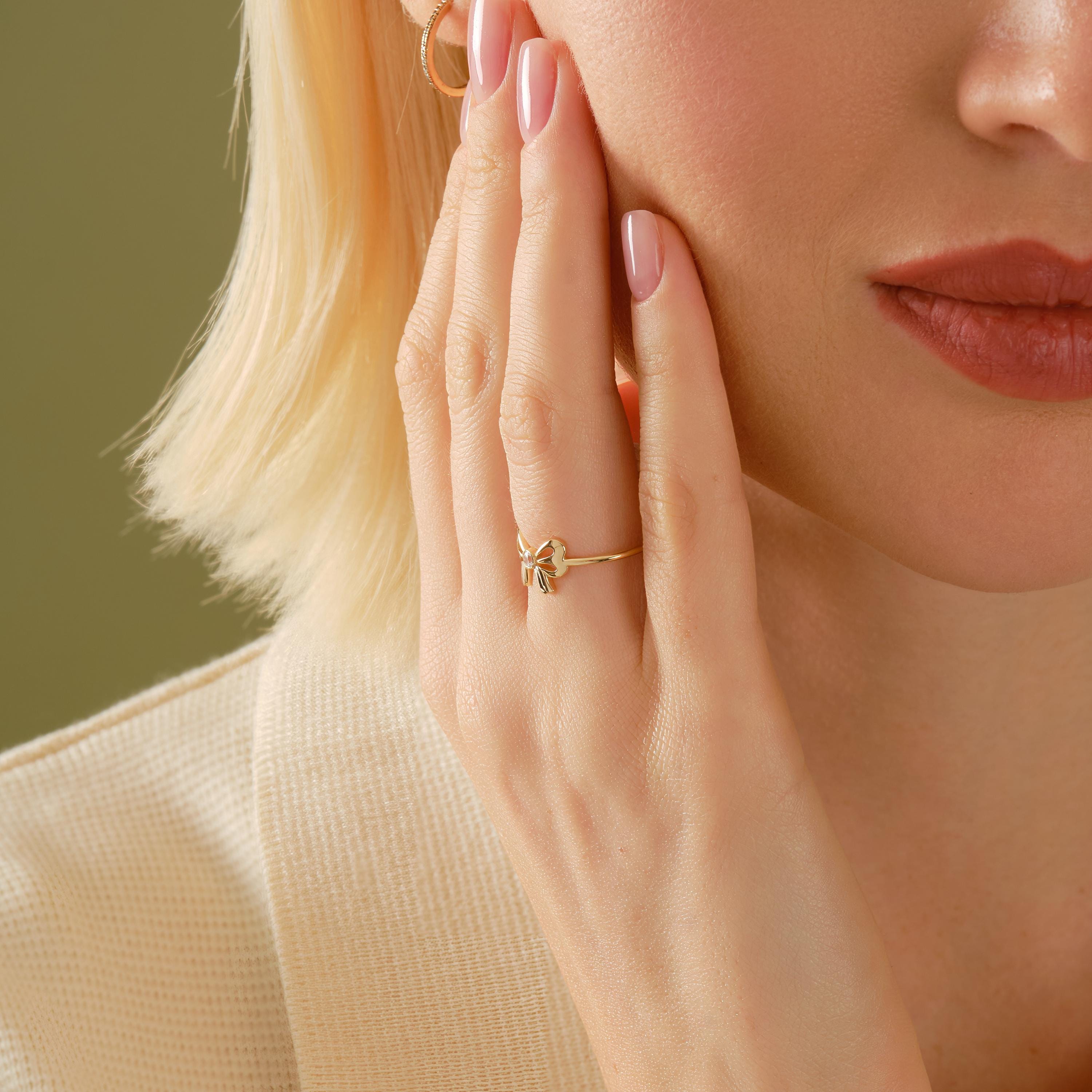 Bow Tie Diamond Ring 14K Solid Gold: Little Bowknot Ring, Bezel Bowtie Moissanite Knot Ring for Women