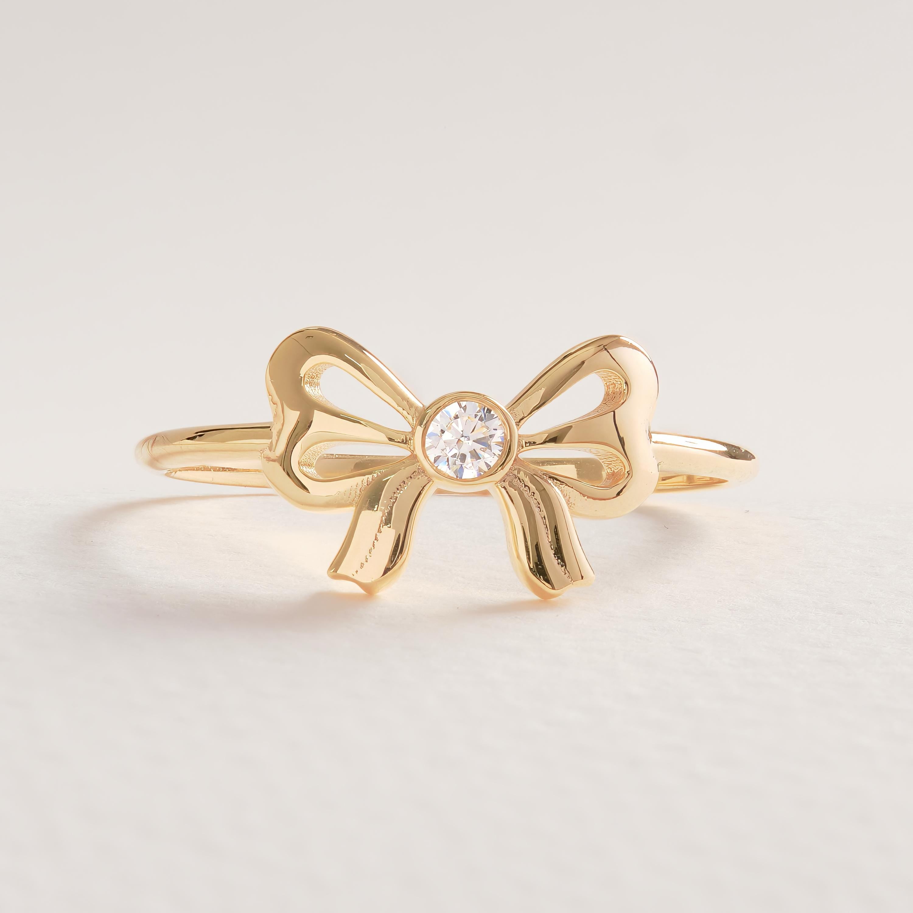 Bow Tie Diamond Ring 14K Solid Gold: Little Bowknot Ring, Bezel Bowtie Moissanite Knot Ring for Women