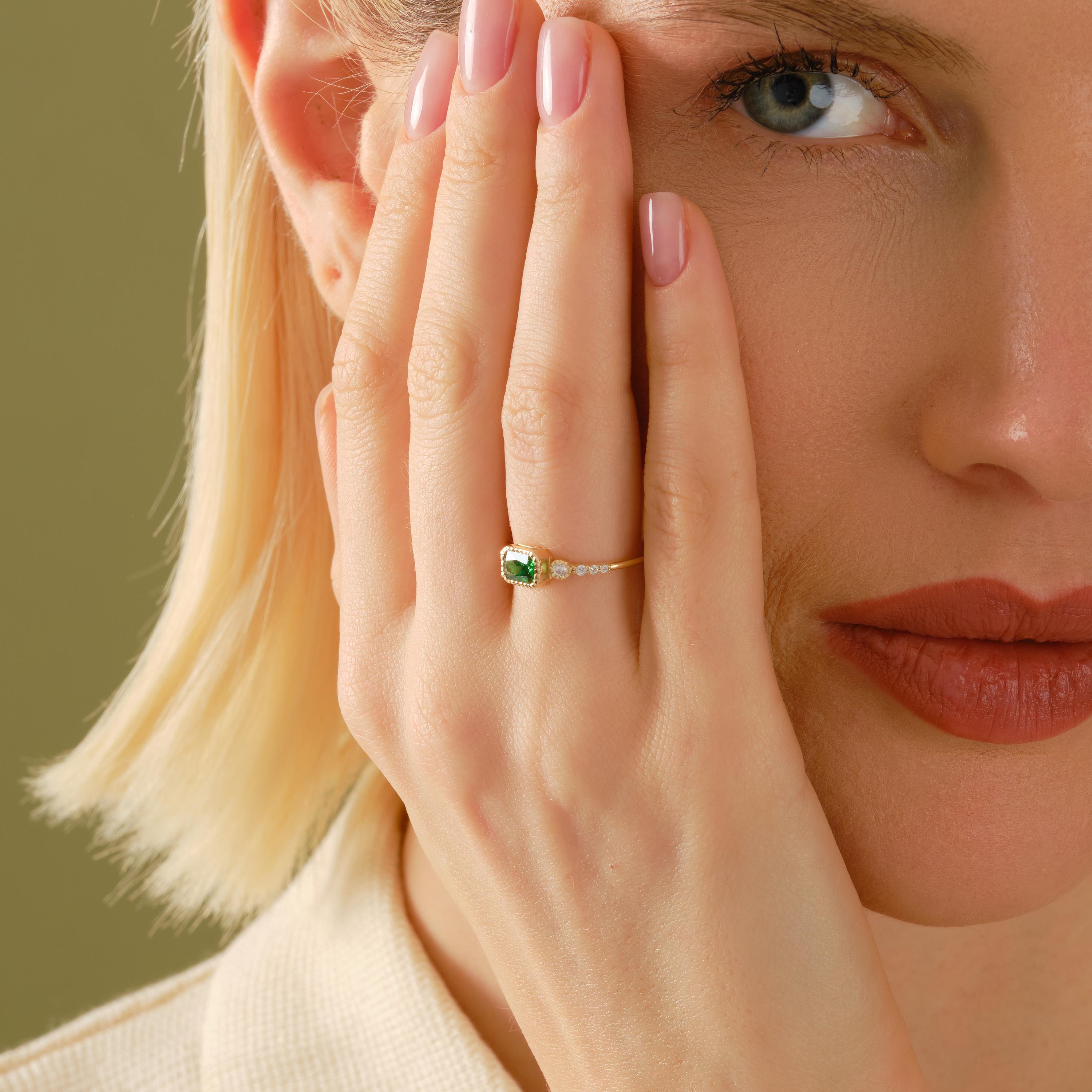 Vintage Inspire Emerald Ring, Oval Birthstone Ring with 14K Solid Gold Side Diamond Band, Art Deco Bezel Green Gemstone Rings for Women
