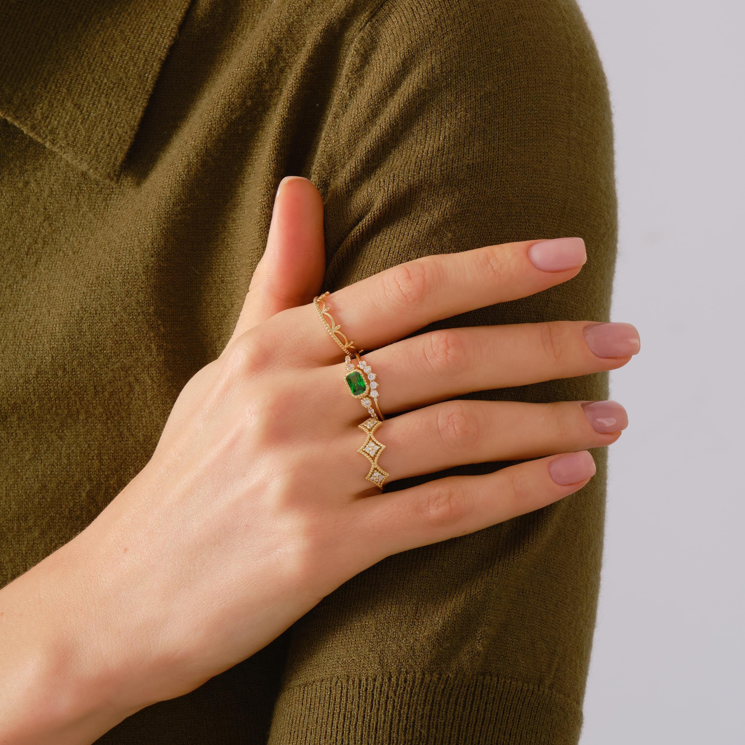 Vintage Inspire Emerald Ring, Oval Birthstone Ring with 14K Solid Gold Side Diamond Band, Art Deco Bezel Green Gemstone Rings for Women