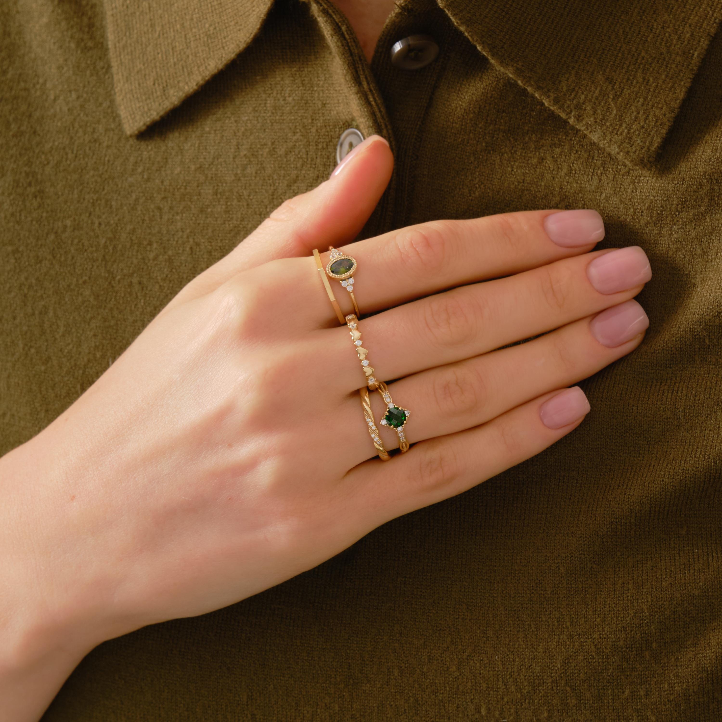 Floral Diamond Ring 14K Solid Gold Chevron Band, Flower Wedding Band with Tiny Moissanite Ivy Band