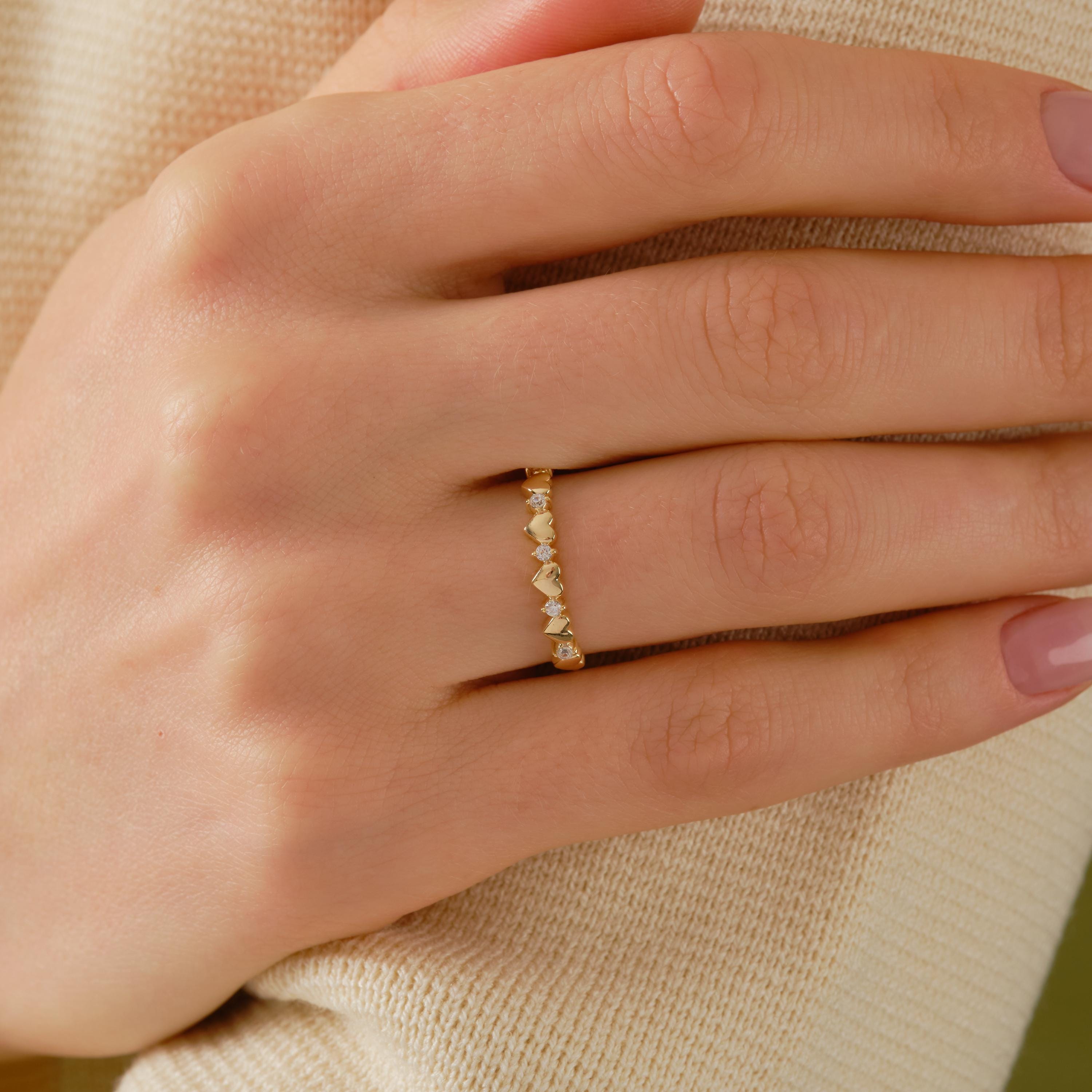 Floral Diamond Ring 14K Solid Gold Chevron Band, Flower Wedding Band with Tiny Moissanite Ivy Band