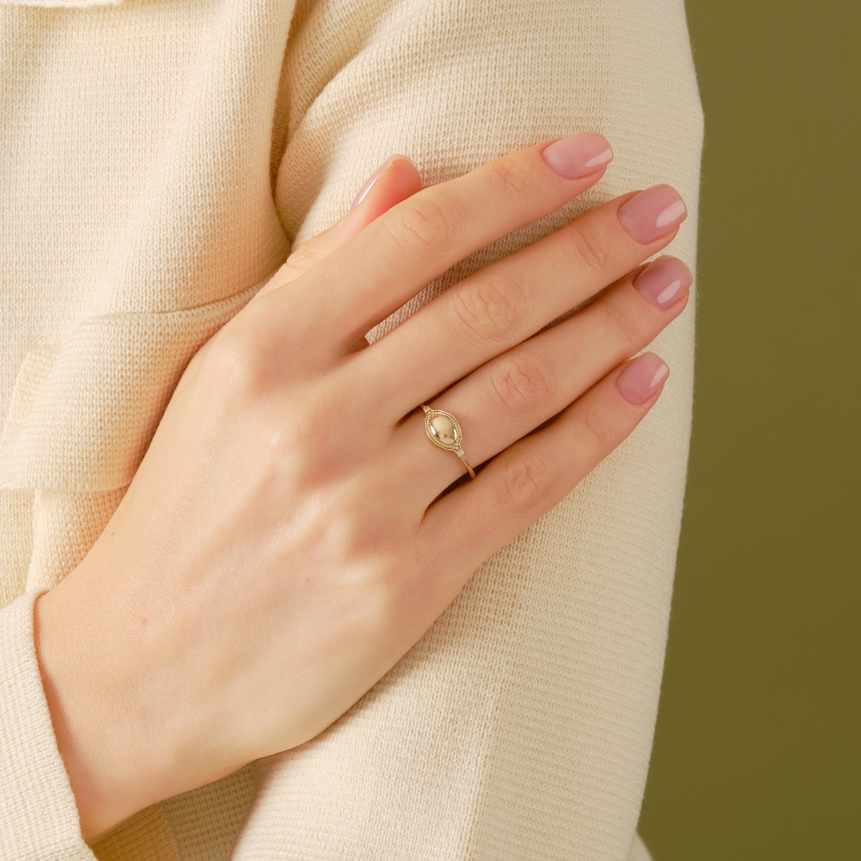 Dainty Diamond Ring 14K Solid Gold Floral Texture Band: Tiny Moissanite Flower Engrave Band